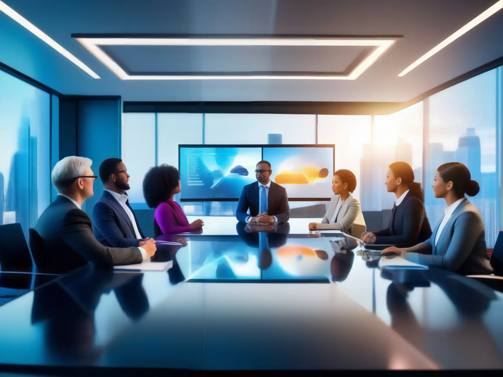 Profesionales en videoconferencia: eficiencia e innovación Un grupo diverso de profesionales se reúne en una videoconferencia, mostrando eficiencia e innovación