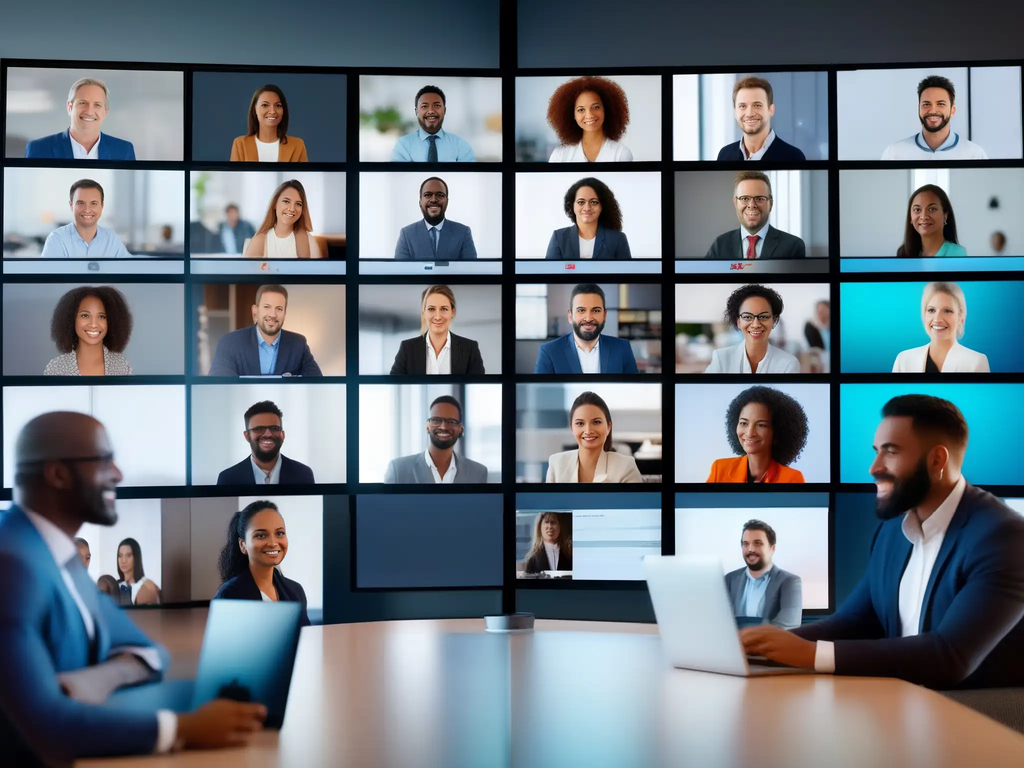Profesionales en videoconferencia 8k: Colaboración eficiente y moderna Un grupo diverso de profesionales se reúnen en una videoconferencia 8k, destacando las mejores herramientas videoconferencia para profesionales