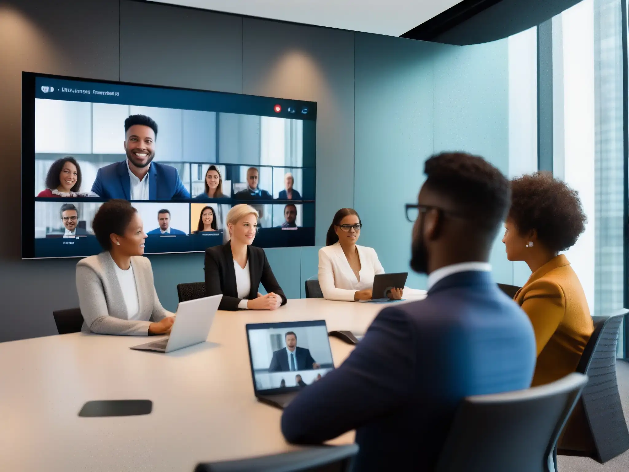 Videoconferencia de profesionales: conexión perfecta y colaboración fluida Un grupo diverso de profesionales participa en una videoconferencia perfecta, mejorando la conectividad y colaboración gracias a la tecnología de IA