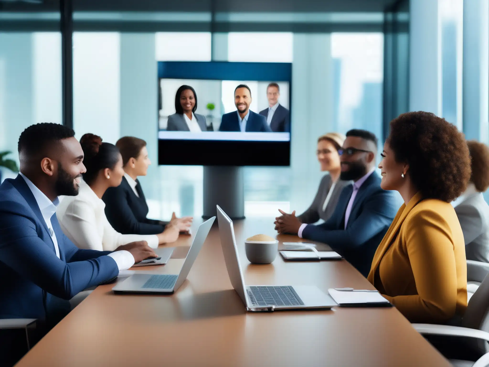 Profesionales en videoconferencia: colaboración eficiente Un grupo diverso de profesionales participa activamente en una videoconferencia, mostrando la importancia de videoconferencias en atención omnicanal