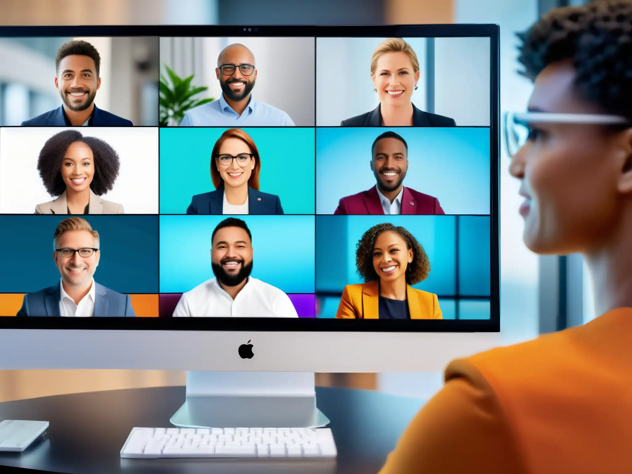 Profesionales en videoconferencia con avatares realistas de Loom Un grupo diverso de profesionales se reúne en una videoconferencia de alta tecnología con avatares realistas de Loom