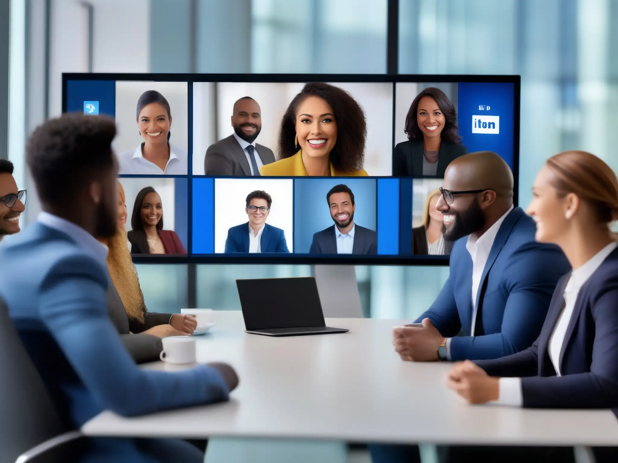 Videoconferencia diversa en LinkedIn y BlueJeans: Networking profesional Un grupo diverso de profesionales se reúne en una videoconferencia utilizando BlueJeans y LinkedIn