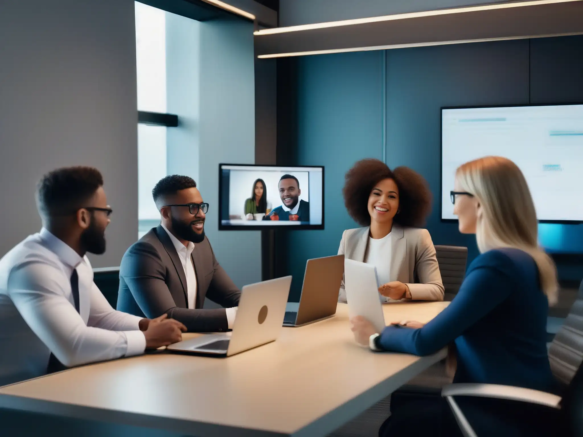 Profesionales en videoconferencia: multitasking eficiente Un grupo diverso de profesionales participa en una videoconferencia, demostrando la multitarea en plataformas de videoconferencia
