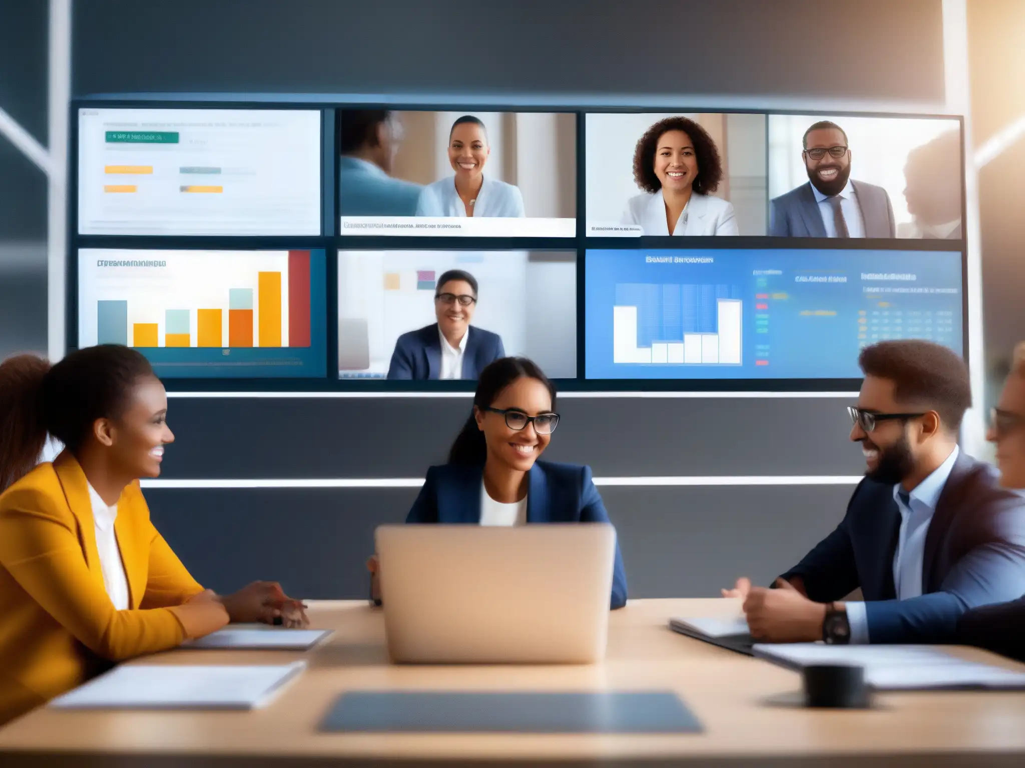 Profesionales comprometidos en seminario en línea con analítica de datos Un grupo diverso de profesionales participa activamente en un webinar, con datos analíticos en pantalla