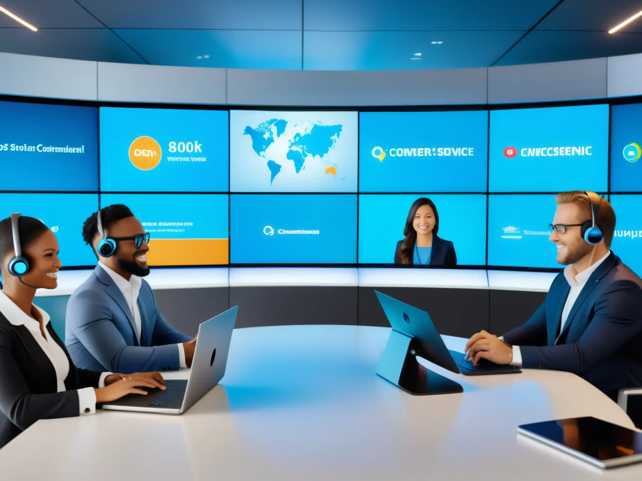 Atención al cliente 8k: Futuroso servicio omnicanal Grupo diverso de representantes de servicio al cliente en videoconferencia