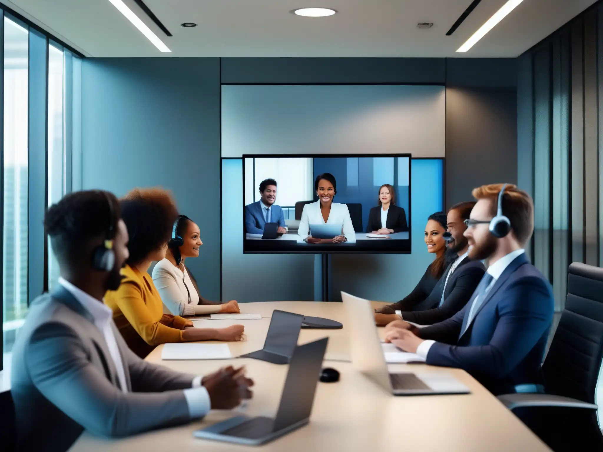 Equipo de servicio al cliente en videoconferencia profesional Un grupo diverso de representantes de servicio al cliente participa en una videoconferencia, mostrando profesionalismo y atención al cliente a través de herramientas de videoconferencia