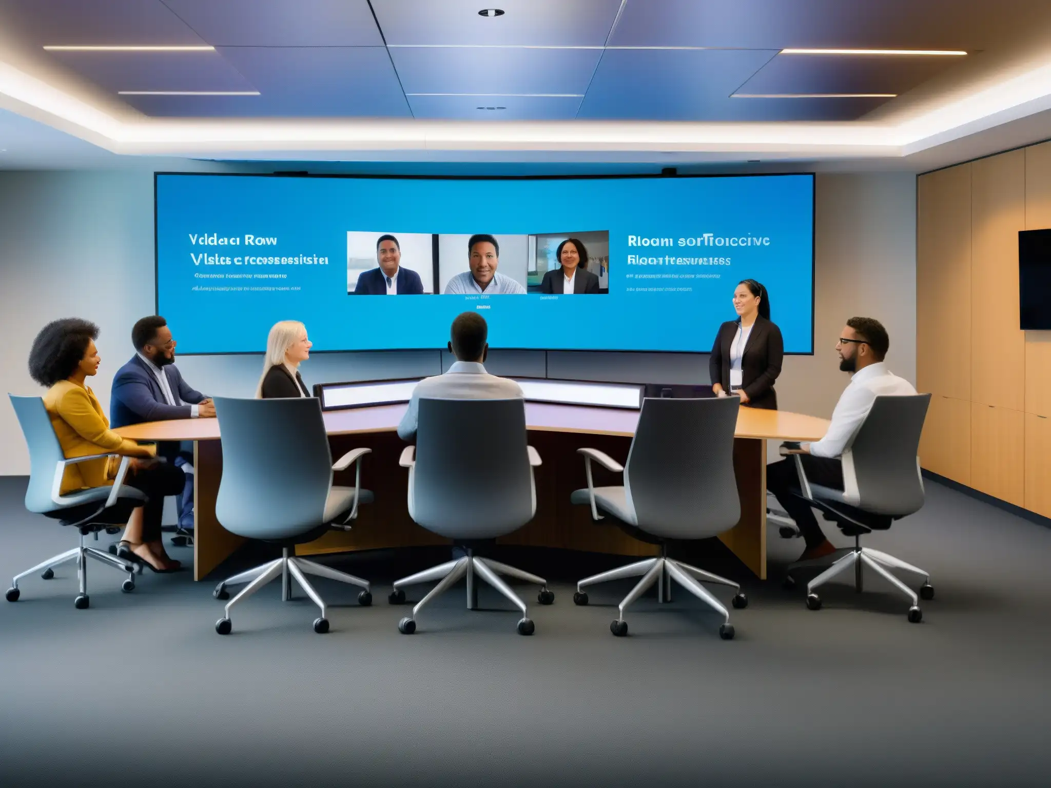Sala de videoconferencias inclusiva y moderna Grupo diverso en sala de videoconferencias moderna con funciones de accesibilidad