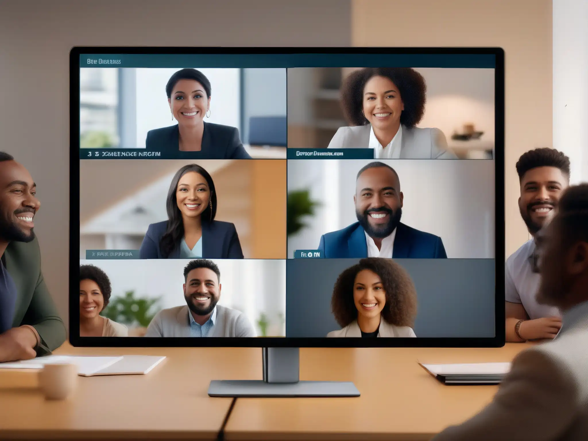 Videoconferencia inclusiva: conexión eficaz y sonrisas Grupo diverso disfruta soluciones videoconferencias bajo ancho banda, conectando sin importar la velocidad de conexión