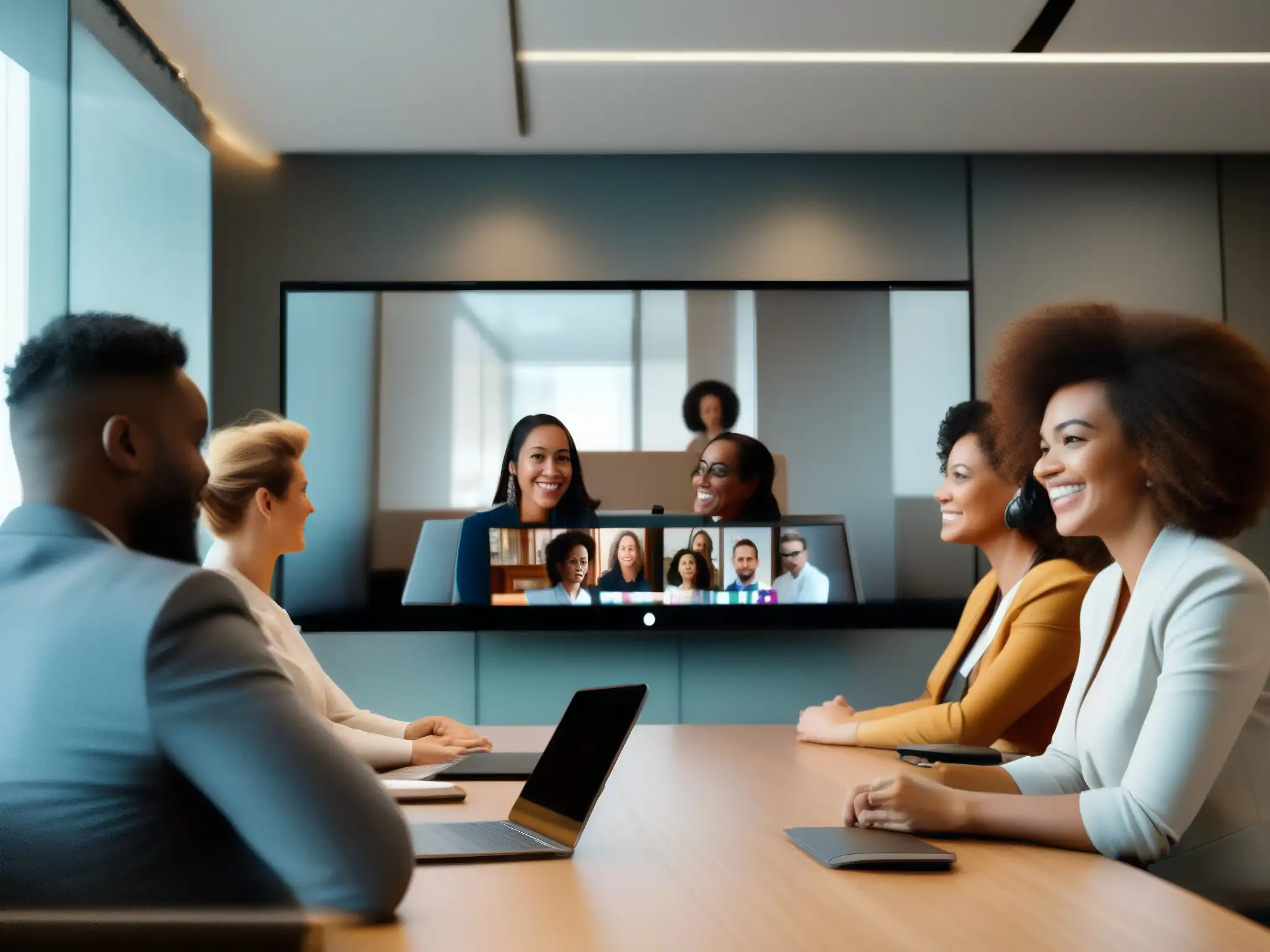 Videoconferencia inclusiva y moderna para ONGs Un grupo diverso colabora en una videoconferencia accesible y moderna en una sala bien iluminada