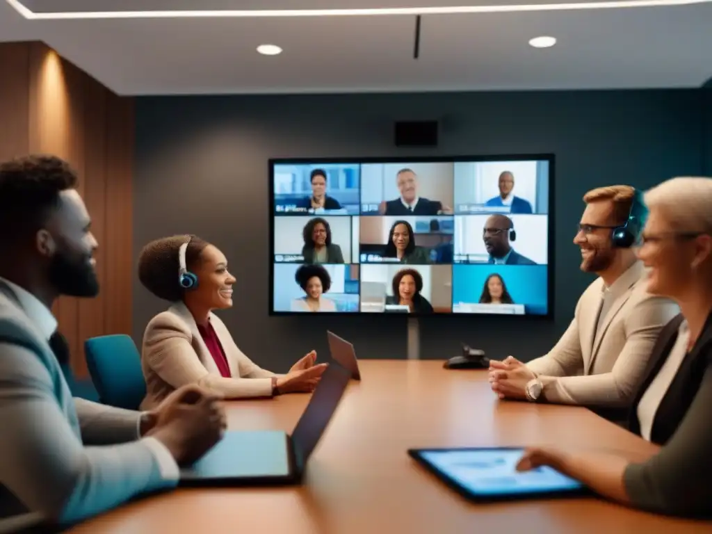 Inclusión en videoconferencia: diversidad y accesibilidad Grupo diverso en videoconferencia accesible, con lenguaje de señas y audífono