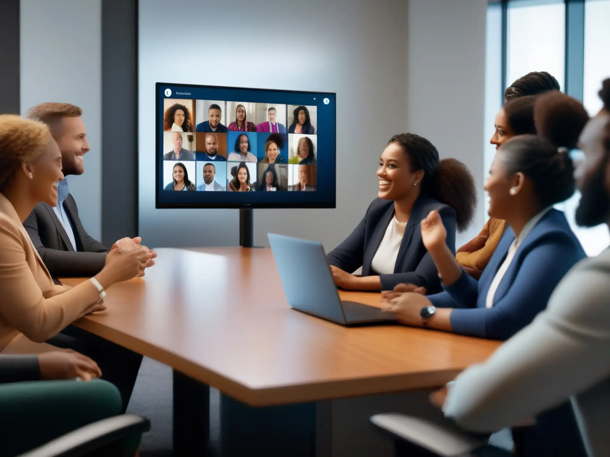Videoconferencia inclusiva: diversidad y profesionalismo en acción Grupo diverso participa en videoconferencia accesible, con lenguaje de señas y tecnología de asistencia, mostrando inclusión y profesionalismo