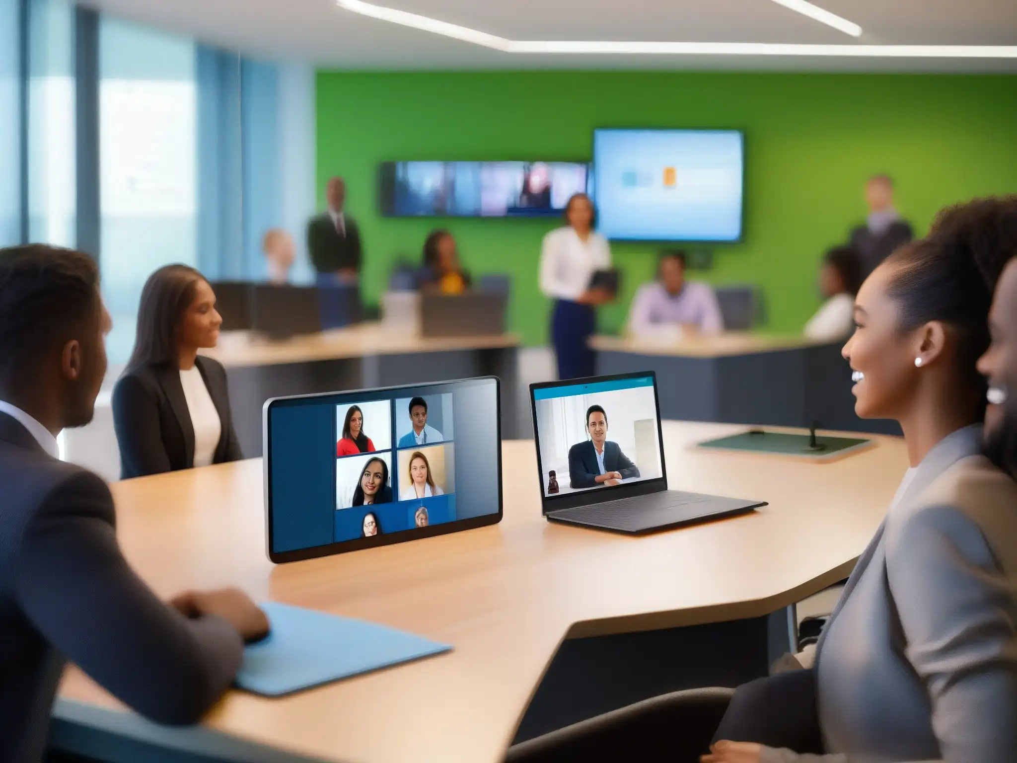 Videoconferencia dinámica y profesional en ambiente moderno Un grupo diverso participa en una videoconferencia de alta calidad, en un entorno moderno y dinámico