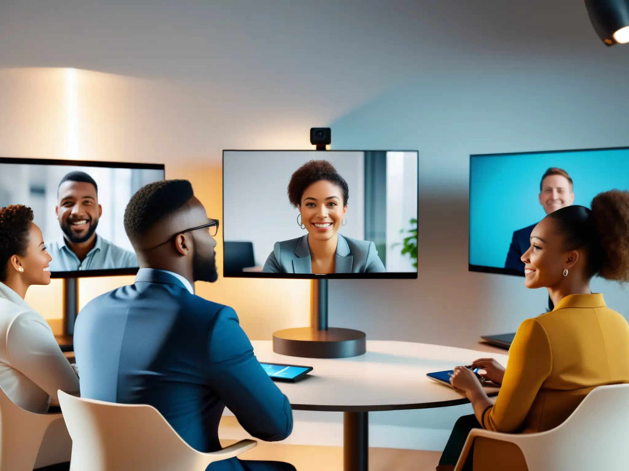 Videoconferencia inclusiva con enfoque profesional Grupo diverso en videoconferencia, ambiente profesional y relajado, promoviendo la salud mental en videoconferencias