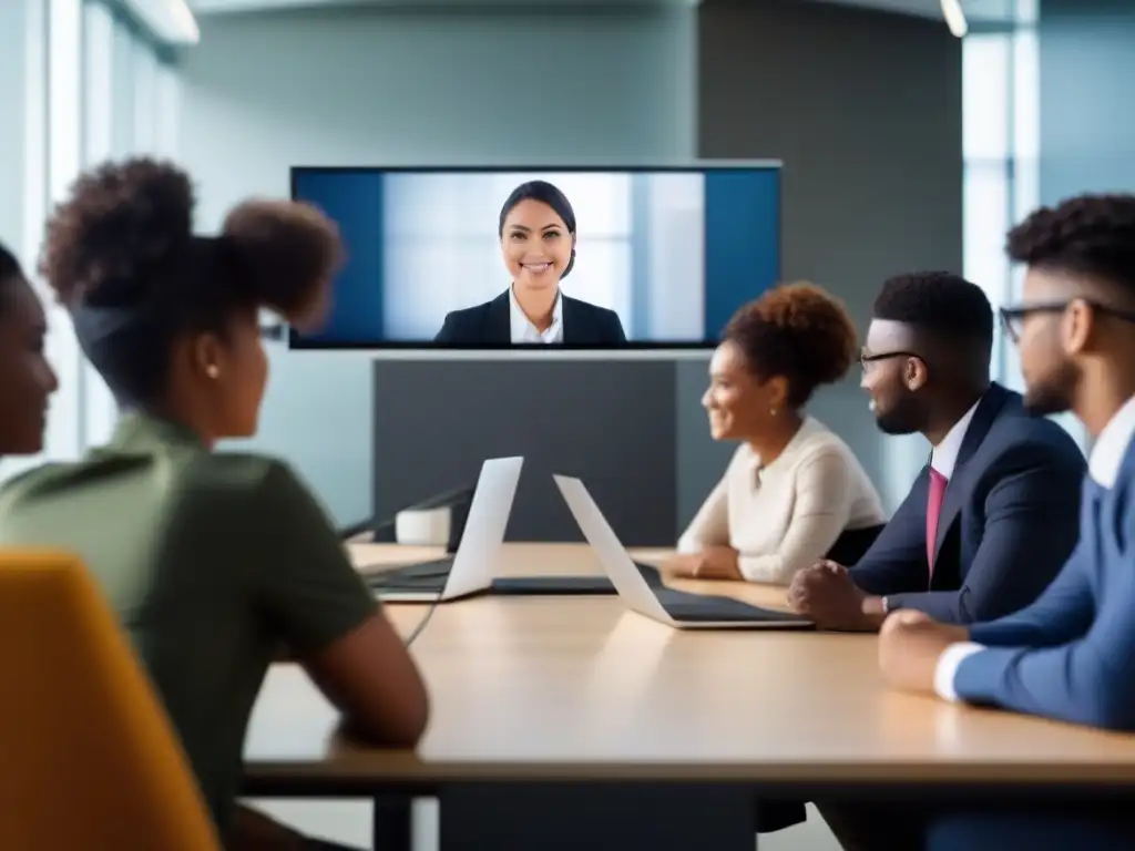 Videoconferencia segura y profesional: estudiantes y maestros comprometidos Grupo diverso en videoconferencia, ambiente moderno y seguro, protección privacidad videoconferencias