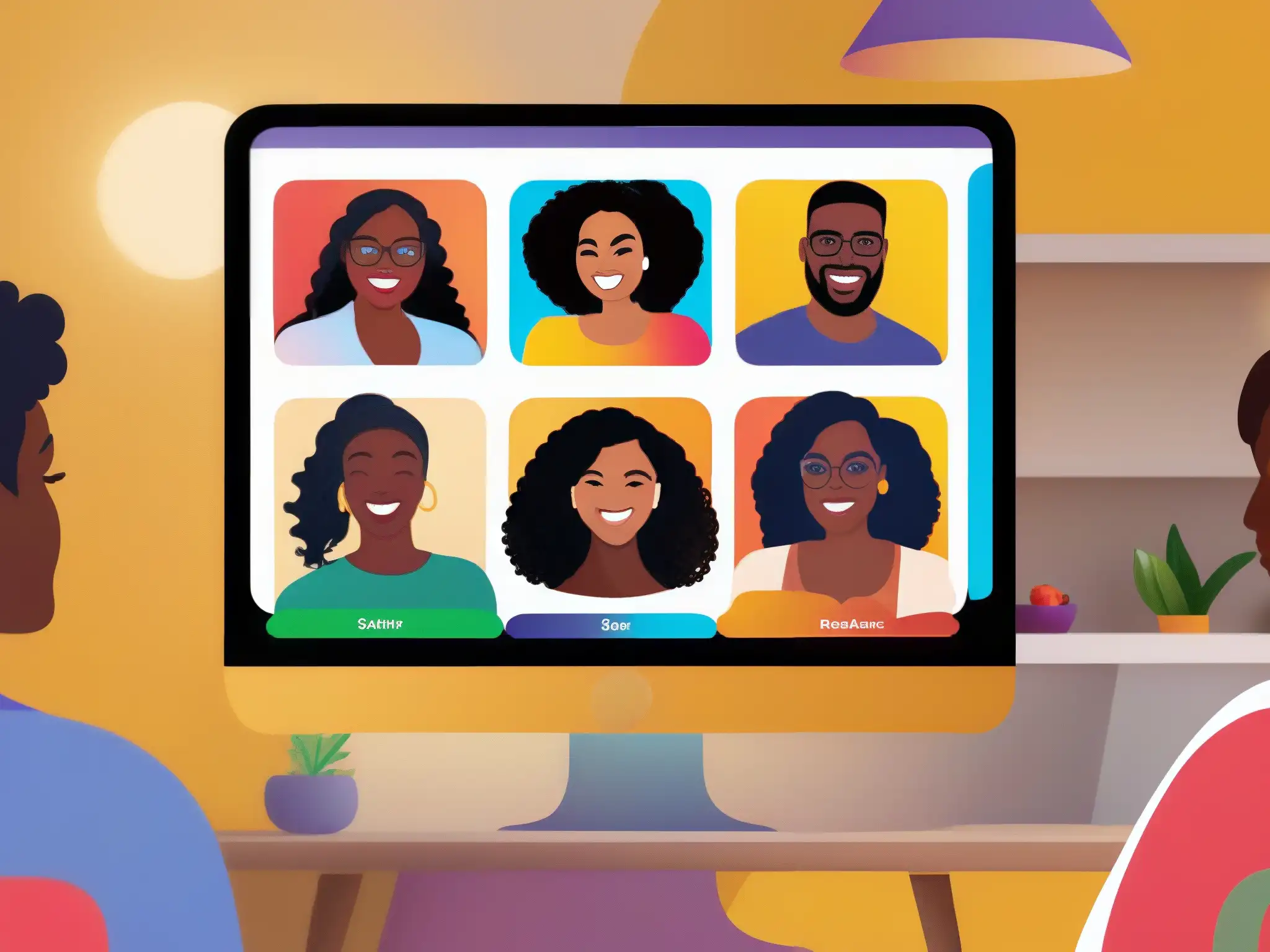 Conexiones virtuales: Testimonios en video de Houseparty y Zoom Grupo diverso en videoconferencia, con burbujas de testimonios