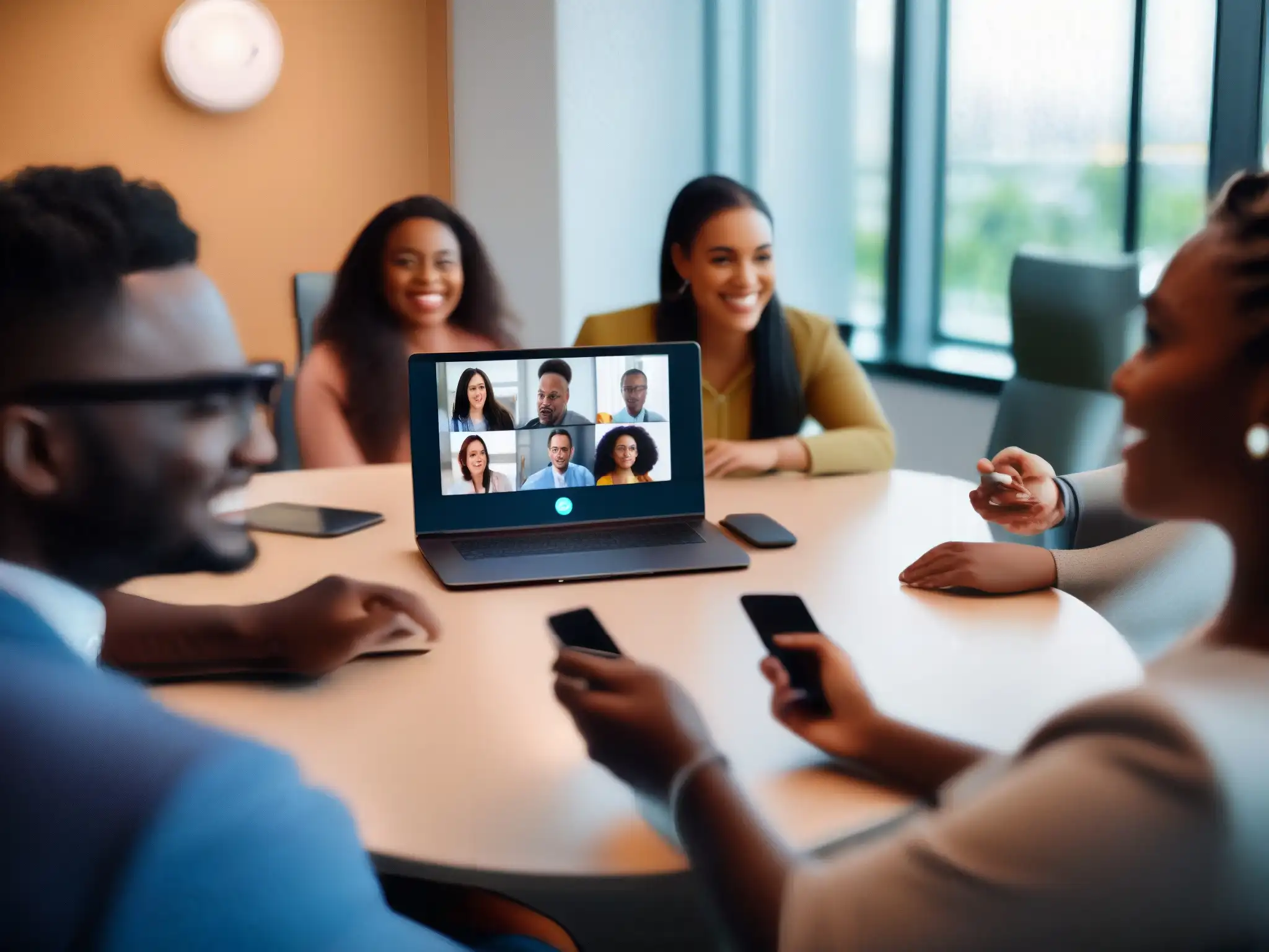 Videoconferencia inclusiva: diversidad y participación Un grupo diverso participa en una videoconferencia cálida y accesible en una sala moderna