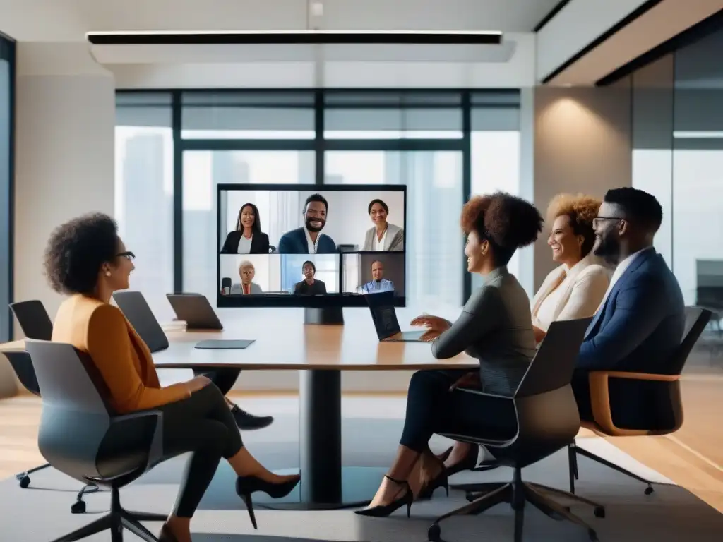 Colaboración virtual inclusiva: integración generacional Grupo diverso en videoconferencia, mostrando colaboración inclusiva en moderno espacio de oficina