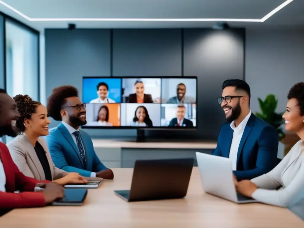 Videoconferencia multicultural: desafíos y conexión Grupo diverso en videoconferencia, conectados por la tecnología moderna, mostrando expresiones y dinamismo