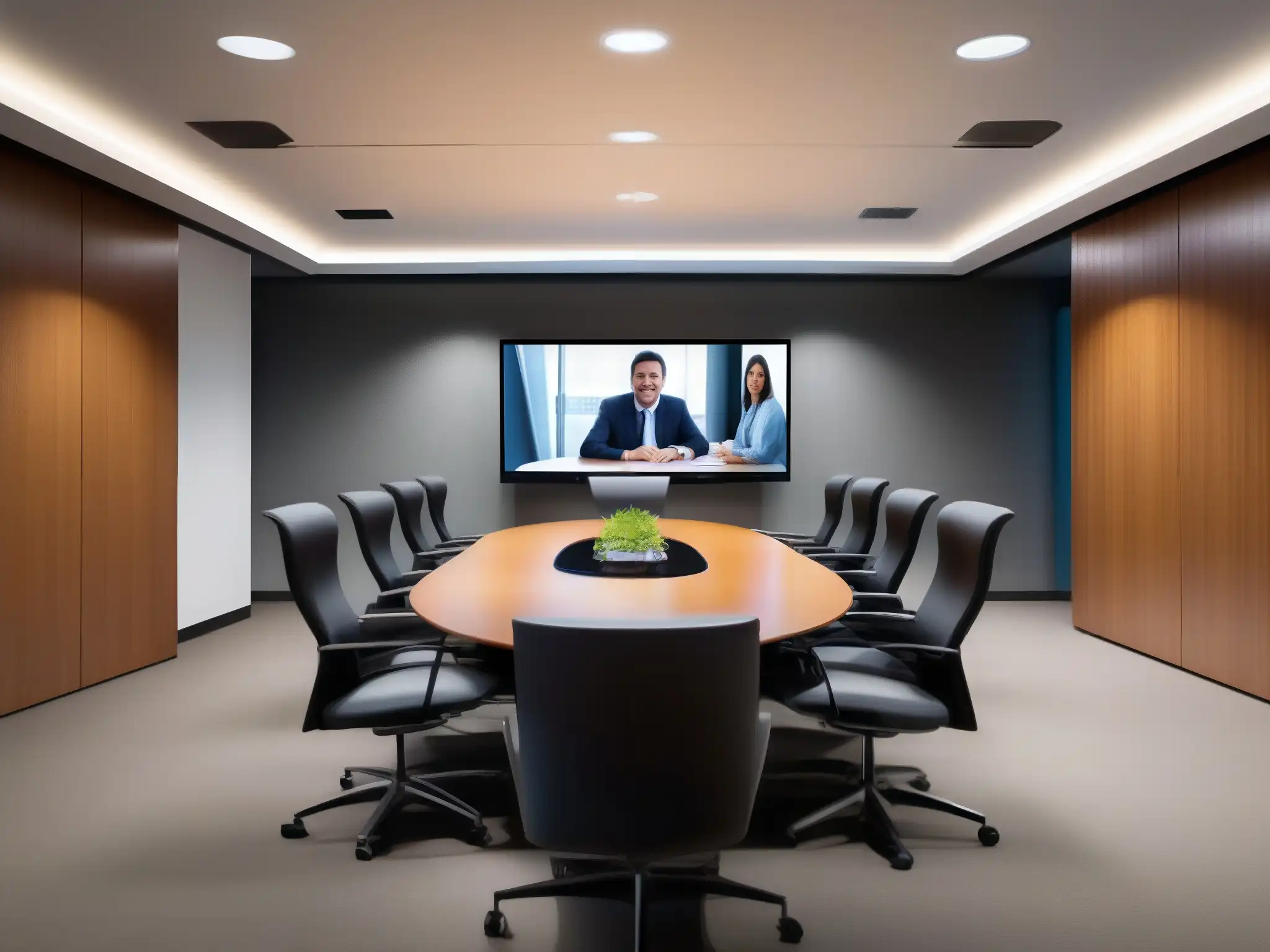 Sala de videoconferencias de lujo con skyline urbano Grupo diverso en videoconferencia gestión eficiente recursos herramientas videoconferencia