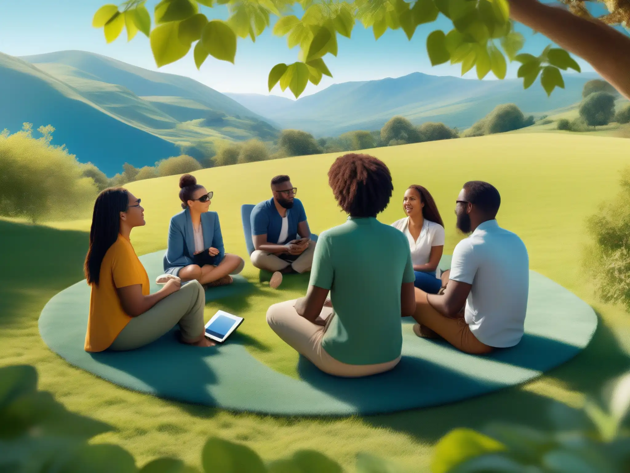 Conferencia remota en la naturaleza: conectividad y colaboración Un grupo diverso en una videoconferencia en un entorno natural remoto, utilizando herramientas de videoconferencia para áreas remotas