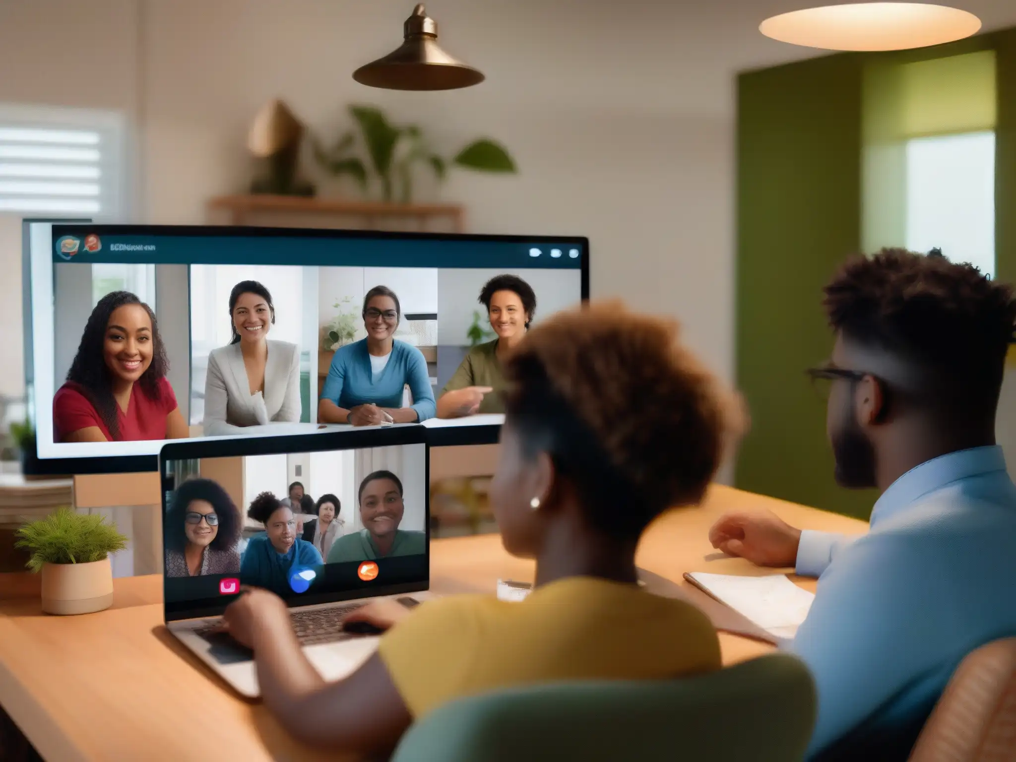 Videoconferencia educativa: estudiantes y profesores en ambientes únicos Grupo diverso en videoconferencia, cada uno en su espacio personal, transmitiendo confianza y protección privacidad en videoconferencias