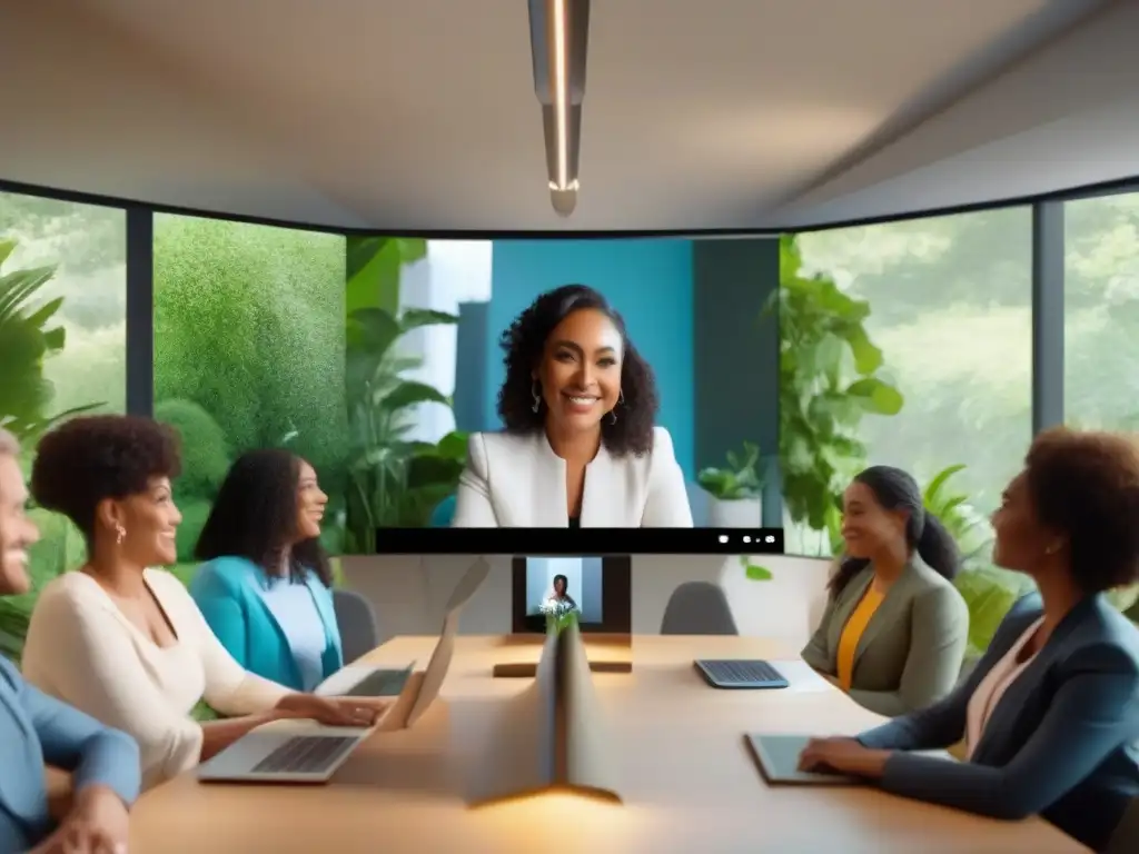 Conferencia virtual inclusiva: conexión y apoyo Grupo diverso en videoconferencia, fondo sereno y profesional, promoviendo consejos de salud mental en videoconferencias