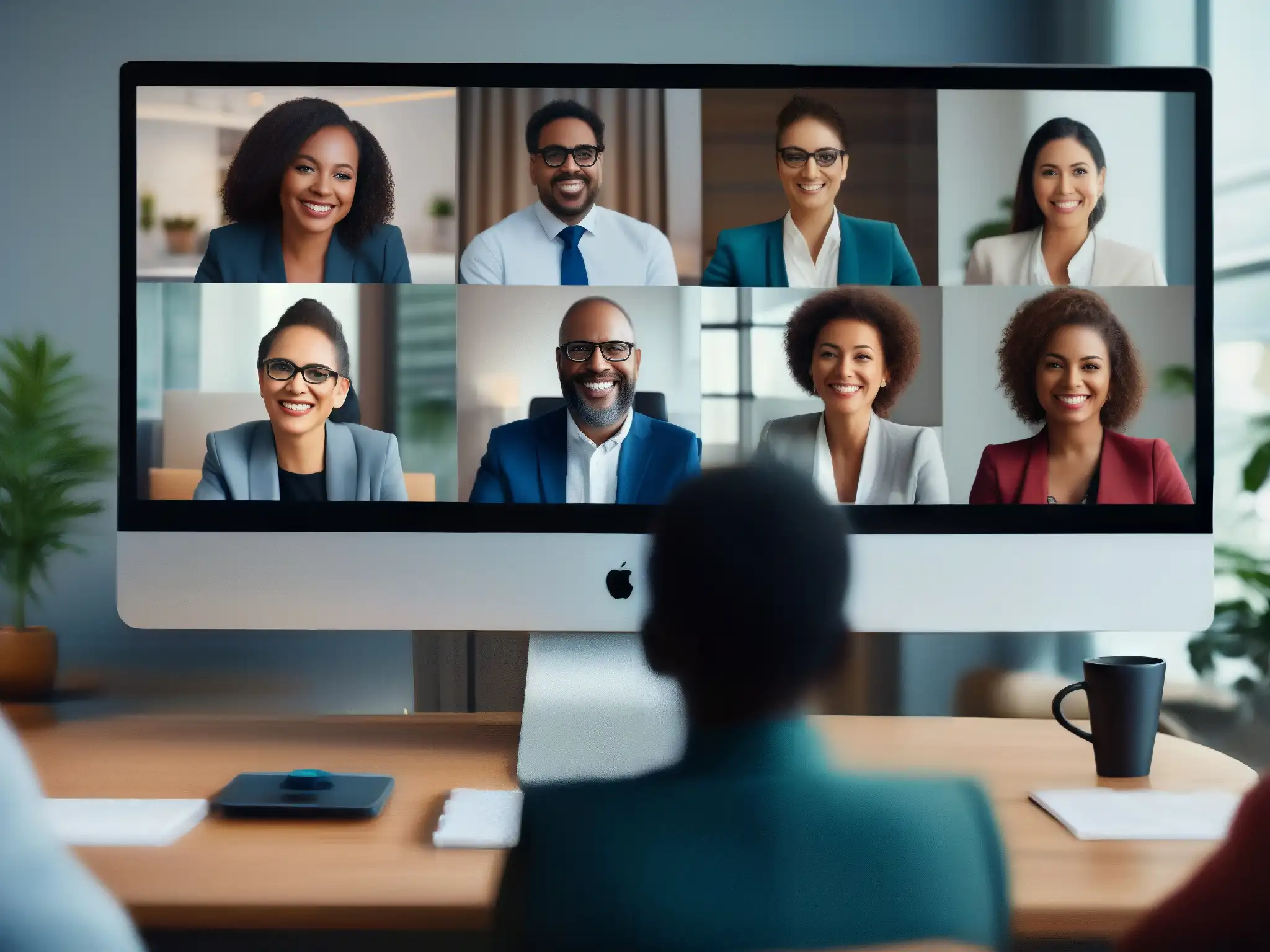 Videoconferencia dinámica: diversidad generacional en acción Grupo diverso en videoconferencia, fusionando generaciones con profesionalismo y tecnología
