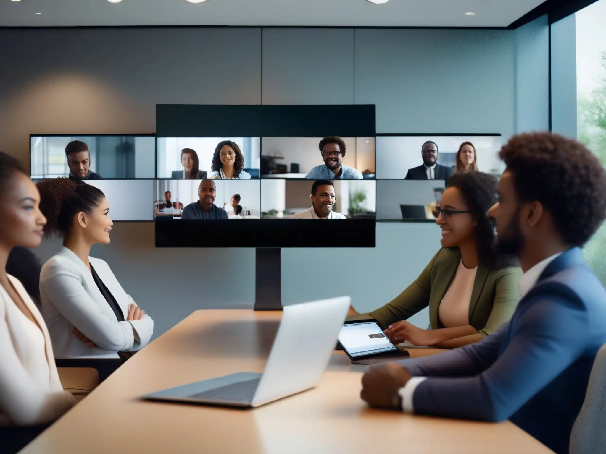 Videoconferencia profesional con participantes concentrados Grupo diverso en videoconferencia con herramientas de alta calidad y ambiente profesional