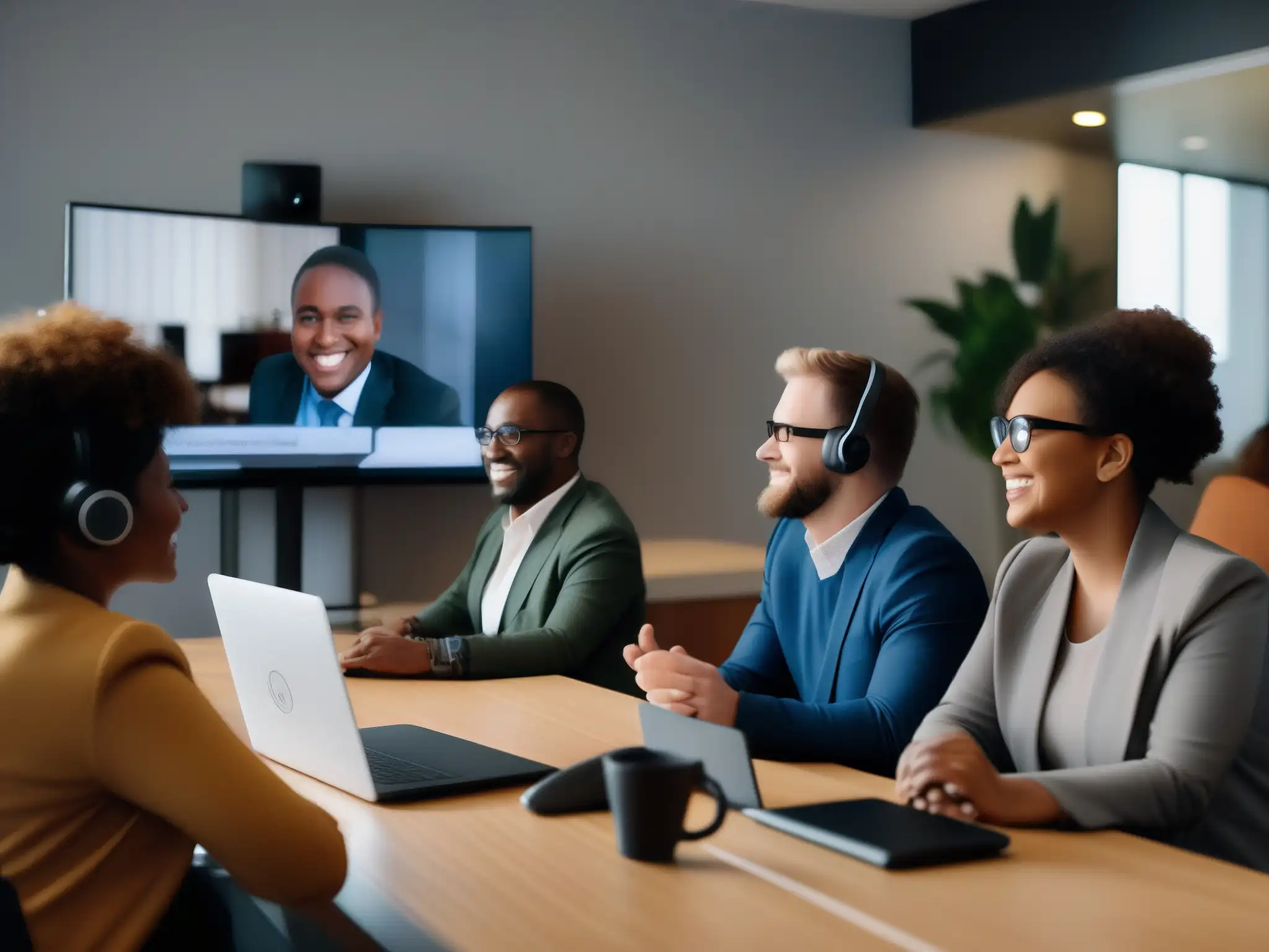 Inclusividad en videoconferencia profesional: tecnología asistencial Un grupo diverso participa en una videoconferencia, integrando herramientas accesibles