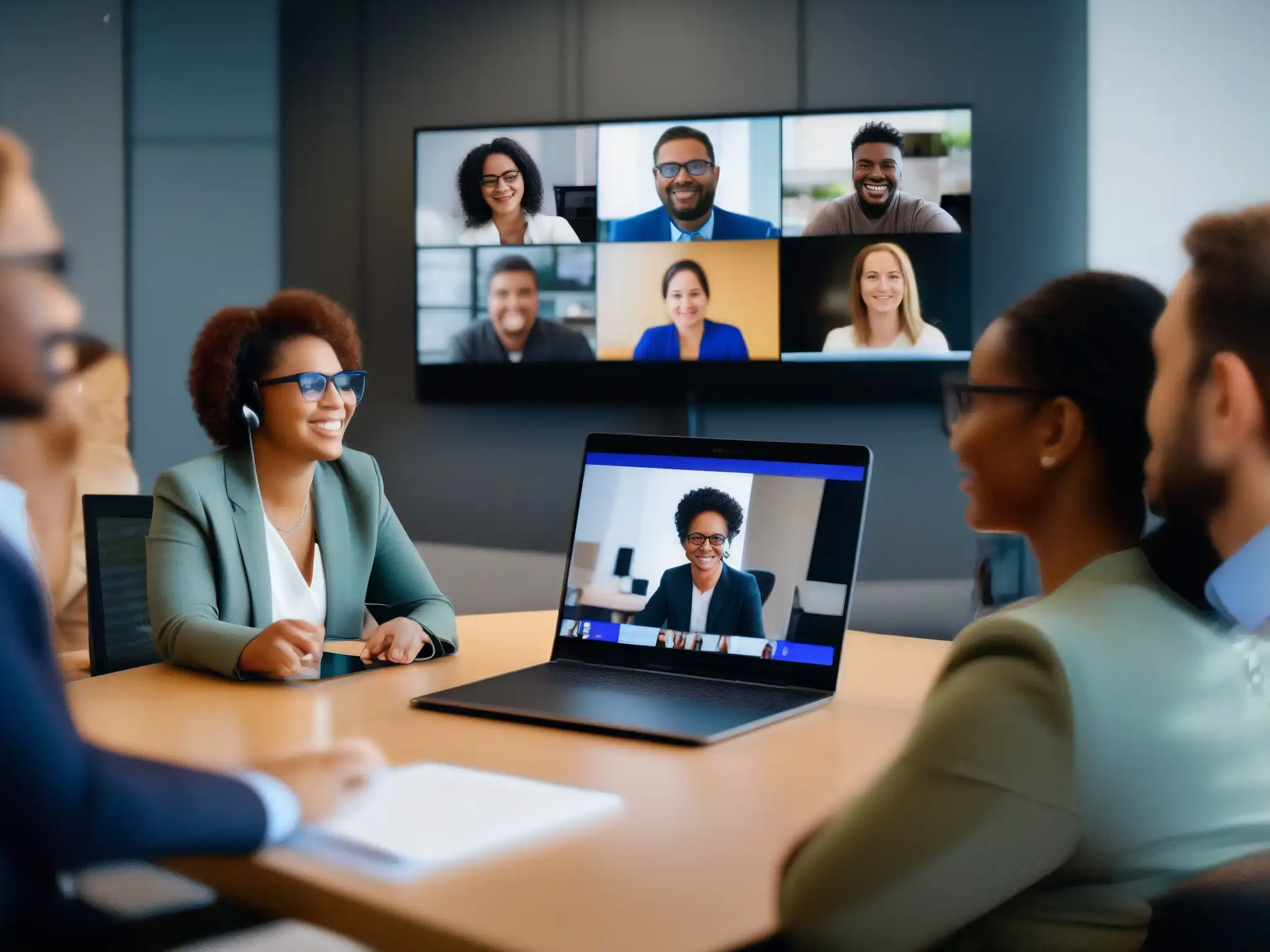 Videoconferencia inclusiva: Tecnología adaptativa y diversidad Grupo diverso participando en videoconferencia inclusiva con tecnología adaptada para videoconferencias inclusivas