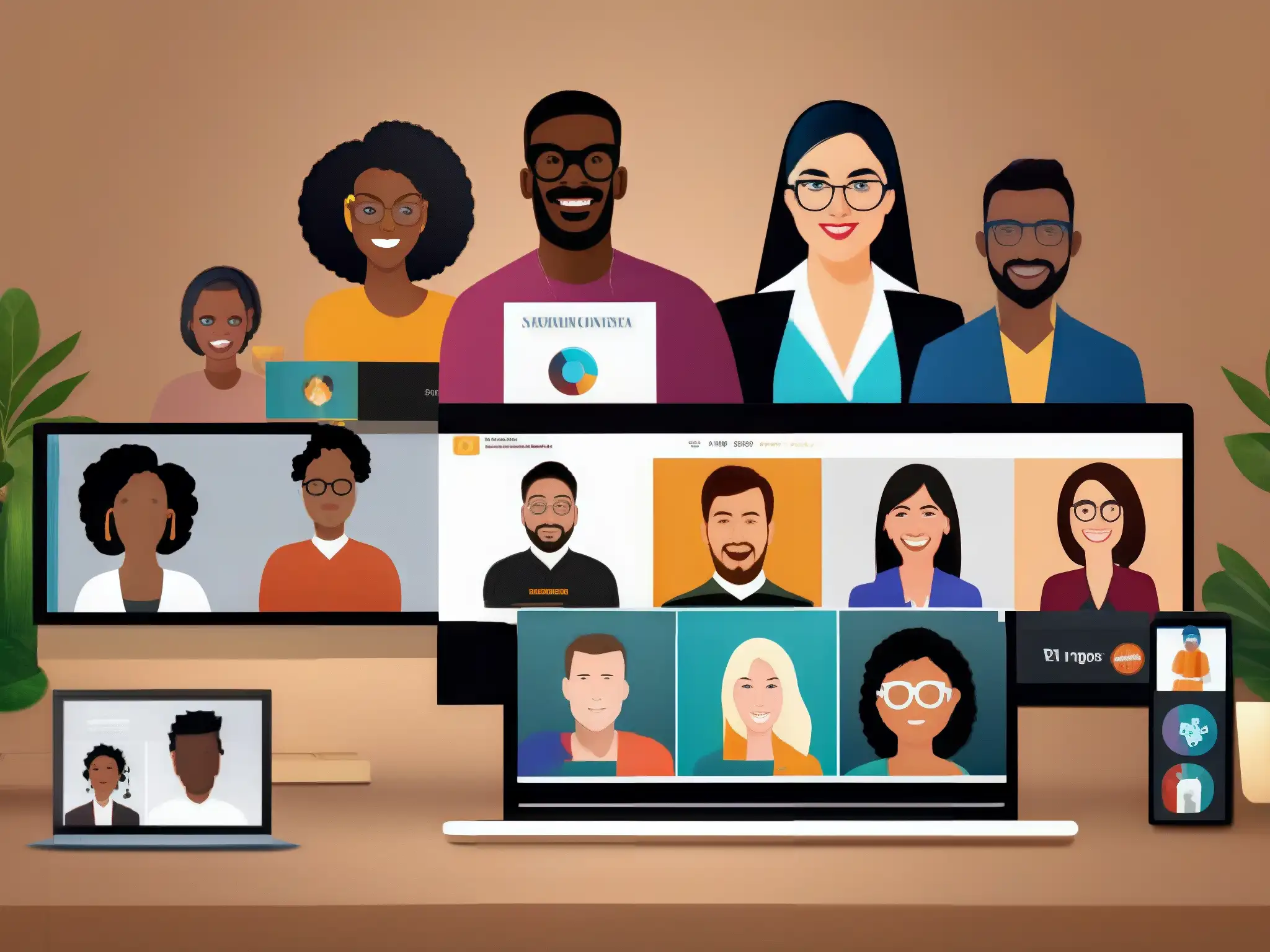 Webinar inclusivo con diversidad de participantes Un grupo diverso participa en una videoconferencia inclusiva con herramientas profesionales, fomentando la adaptación para todos