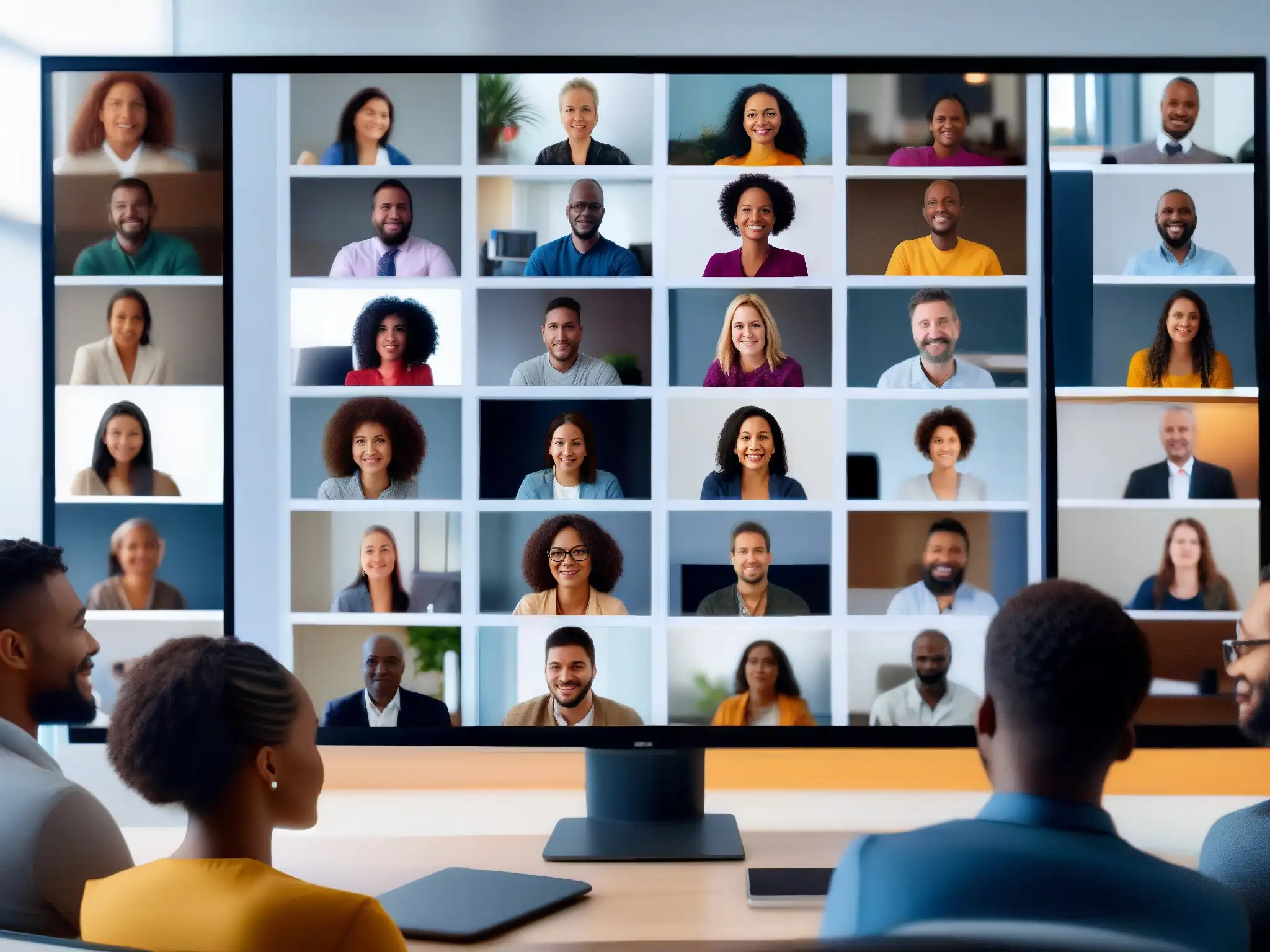 Diversidad en videoconferencia: expresiones inclusivas Grupo diverso participando en videoconferencia con inclusividad y accesibilidad