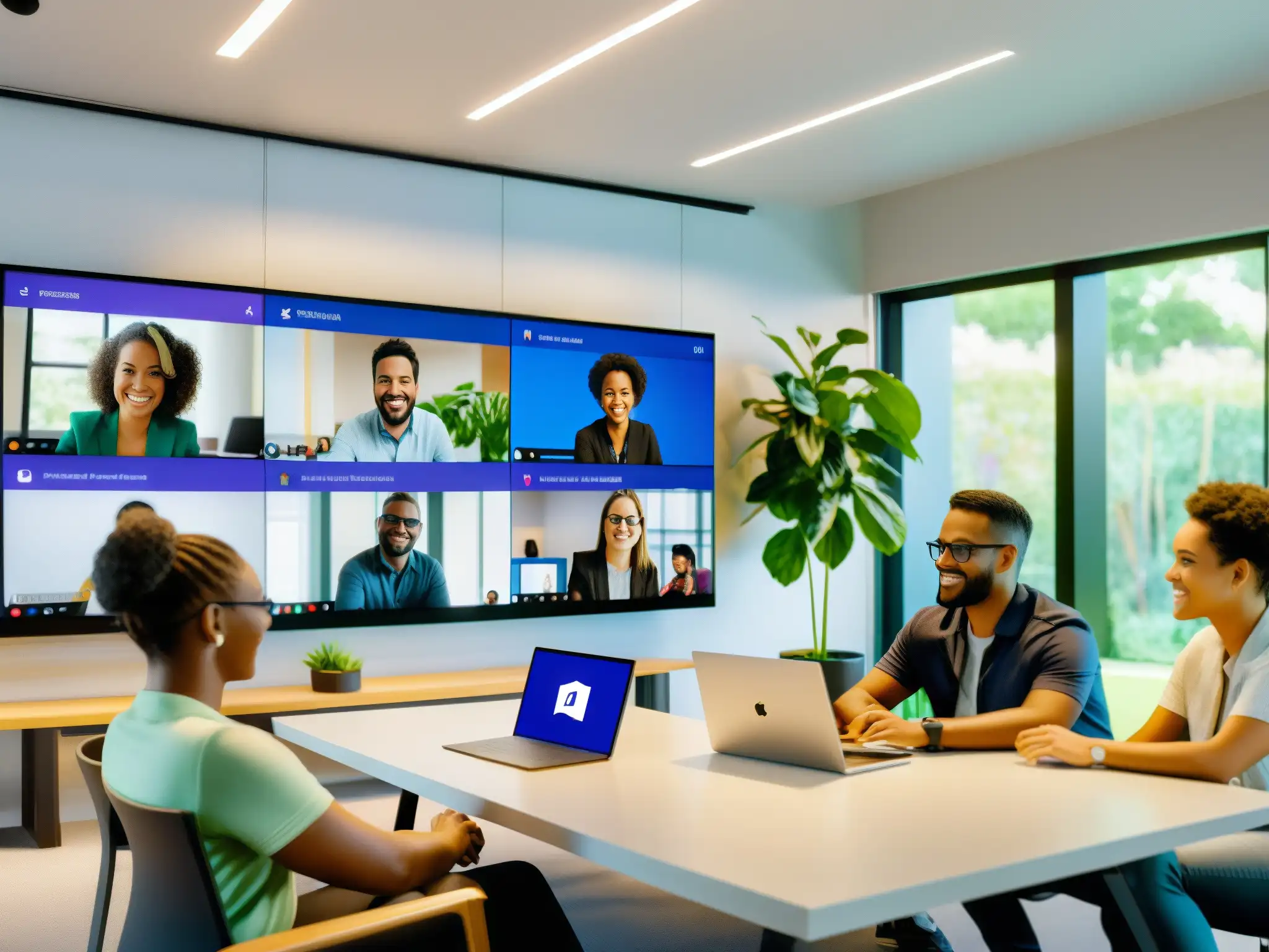 Videoconferencia inclusiva en Microsoft Teams Un grupo diverso colabora en una videoconferencia en Microsoft Teams, destacando la inclusividad, accesibilidad y funciones de transcripción