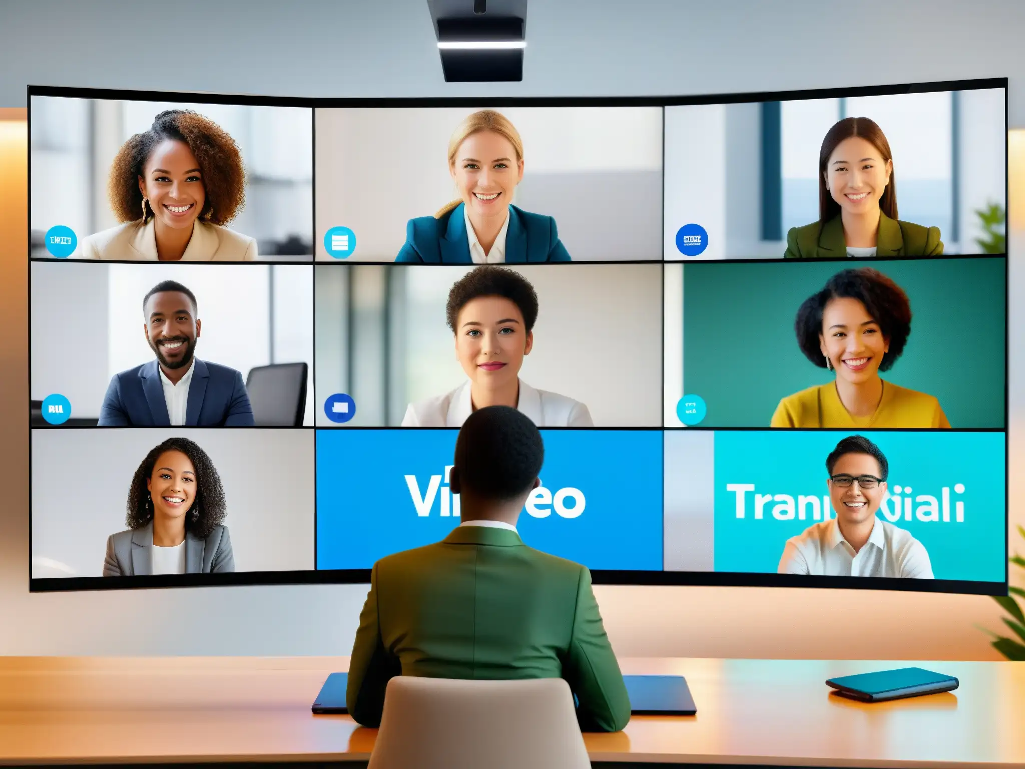 Conferencia virtual multilingüe con tecnología AI Un grupo diverso participa en una videoconferencia con integración de inteligencia artificial para traducción en tiempo real