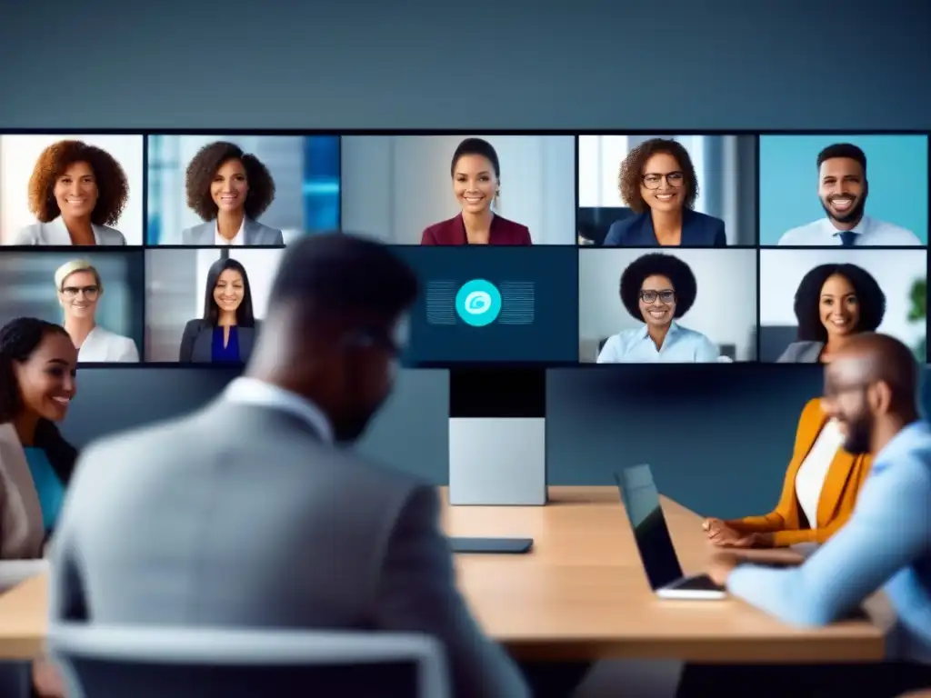 Videoconferencia profesional con diversidad: caras comprometidas y seguras Grupo diverso en videoconferencia, mostrando mejores prácticas seguridad videoconferencias