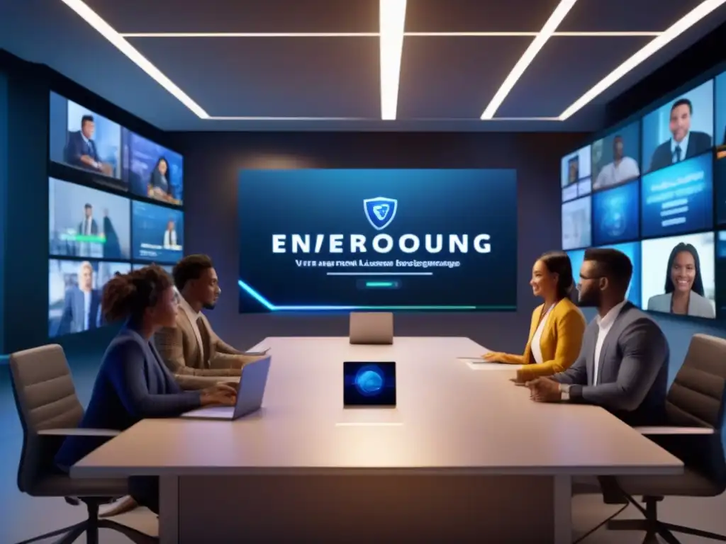 Videoconferencia futurista: aprendizaje personalizado Grupo diverso en videoconferencia con personalización avanzada en aula virtual futurista