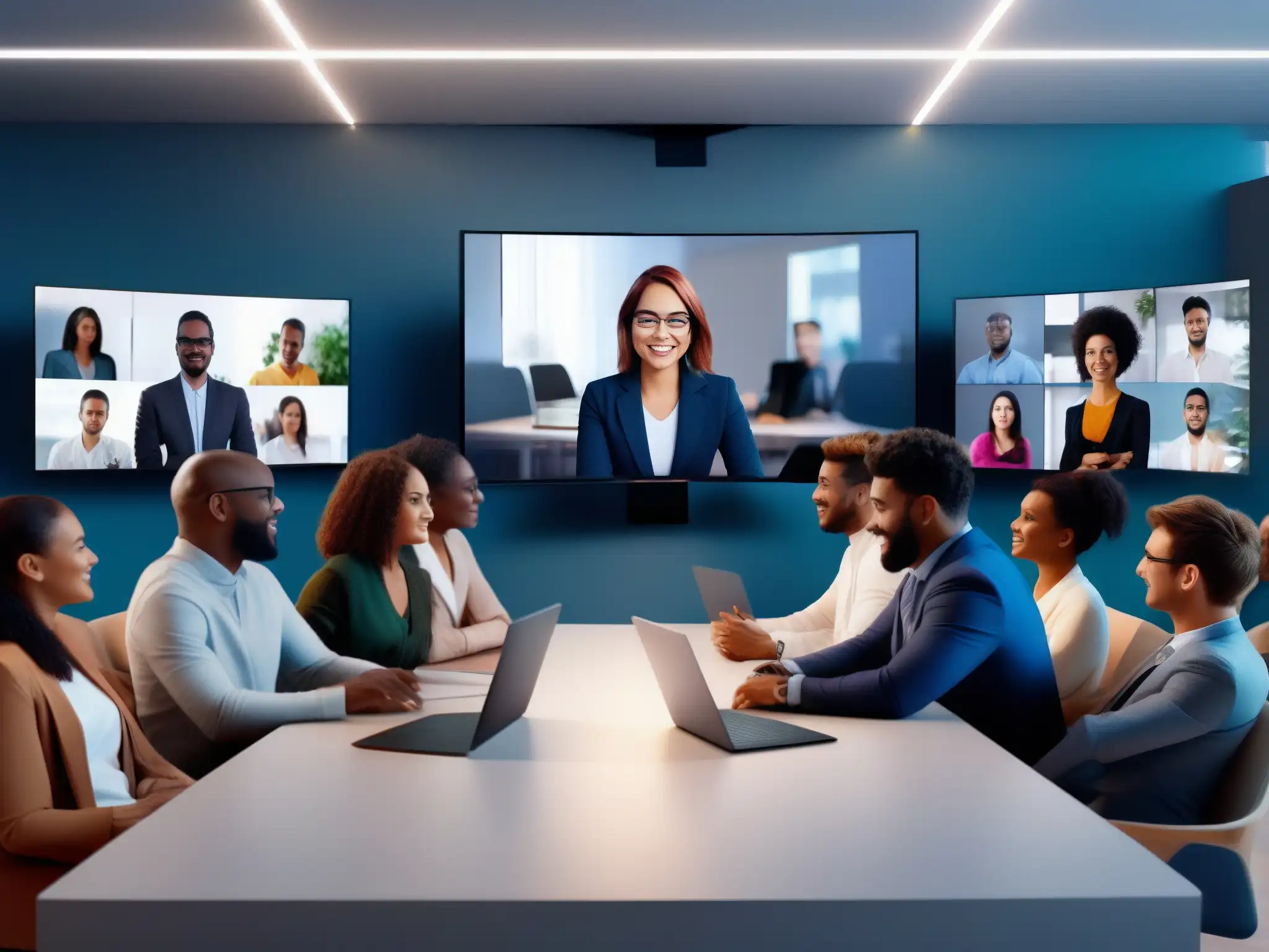 Videoconferencia personalizada: profesionales y estudiantes en 8k Un grupo diverso participa en una videoconferencia personalizada con avatares y fondos virtuales
