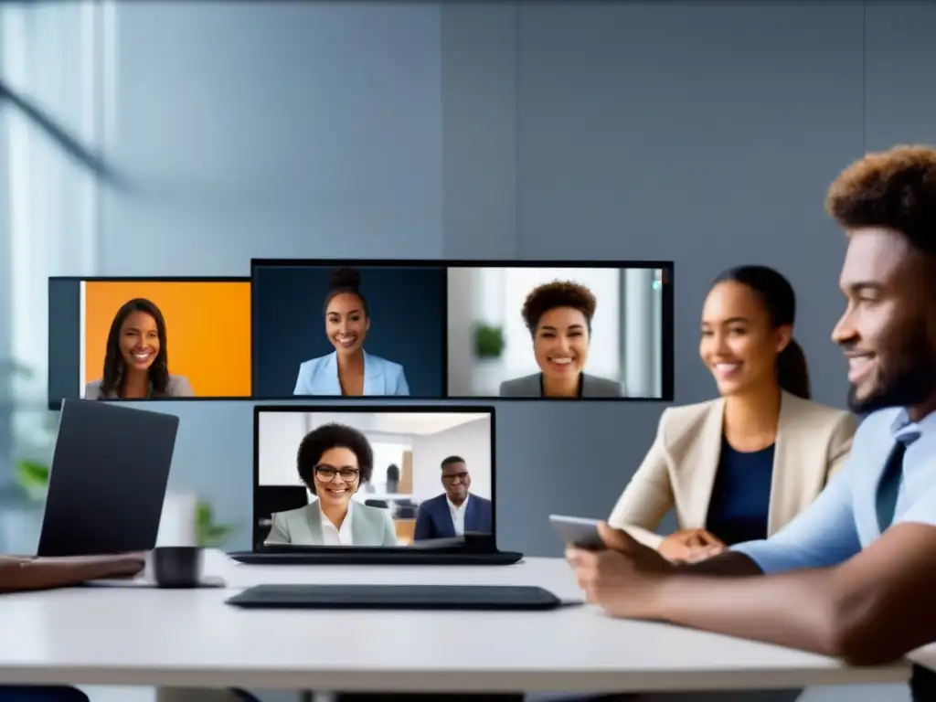Conferencia virtual segura: profesionales y estudiantes en acción Un grupo diverso participa en una videoconferencia profesional