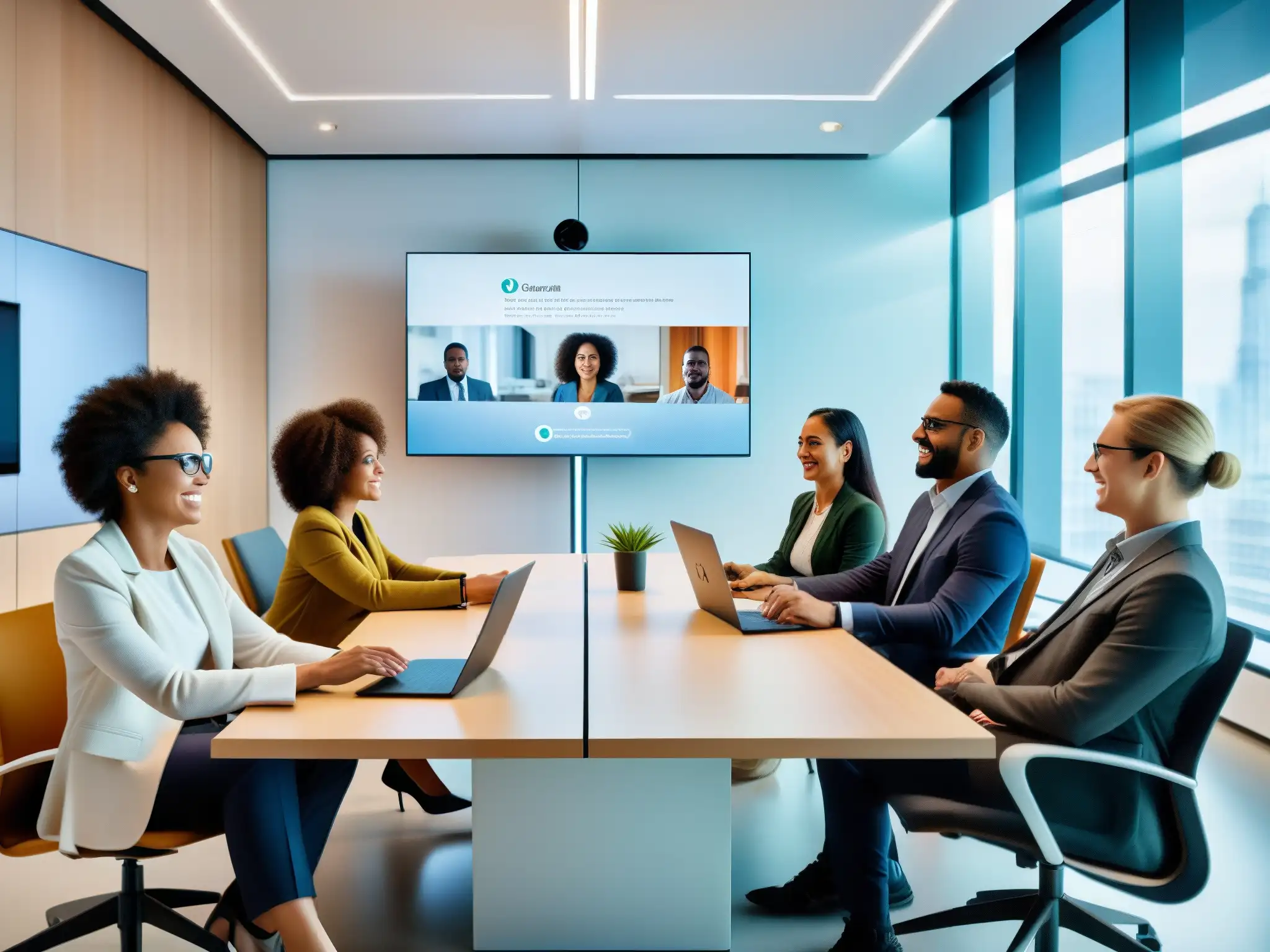 Conferencia virtual multicultural: colaboración futurista Grupo diverso en videoconferencia, reflejo de desafíos de interoperabilidad en comunicación moderna
