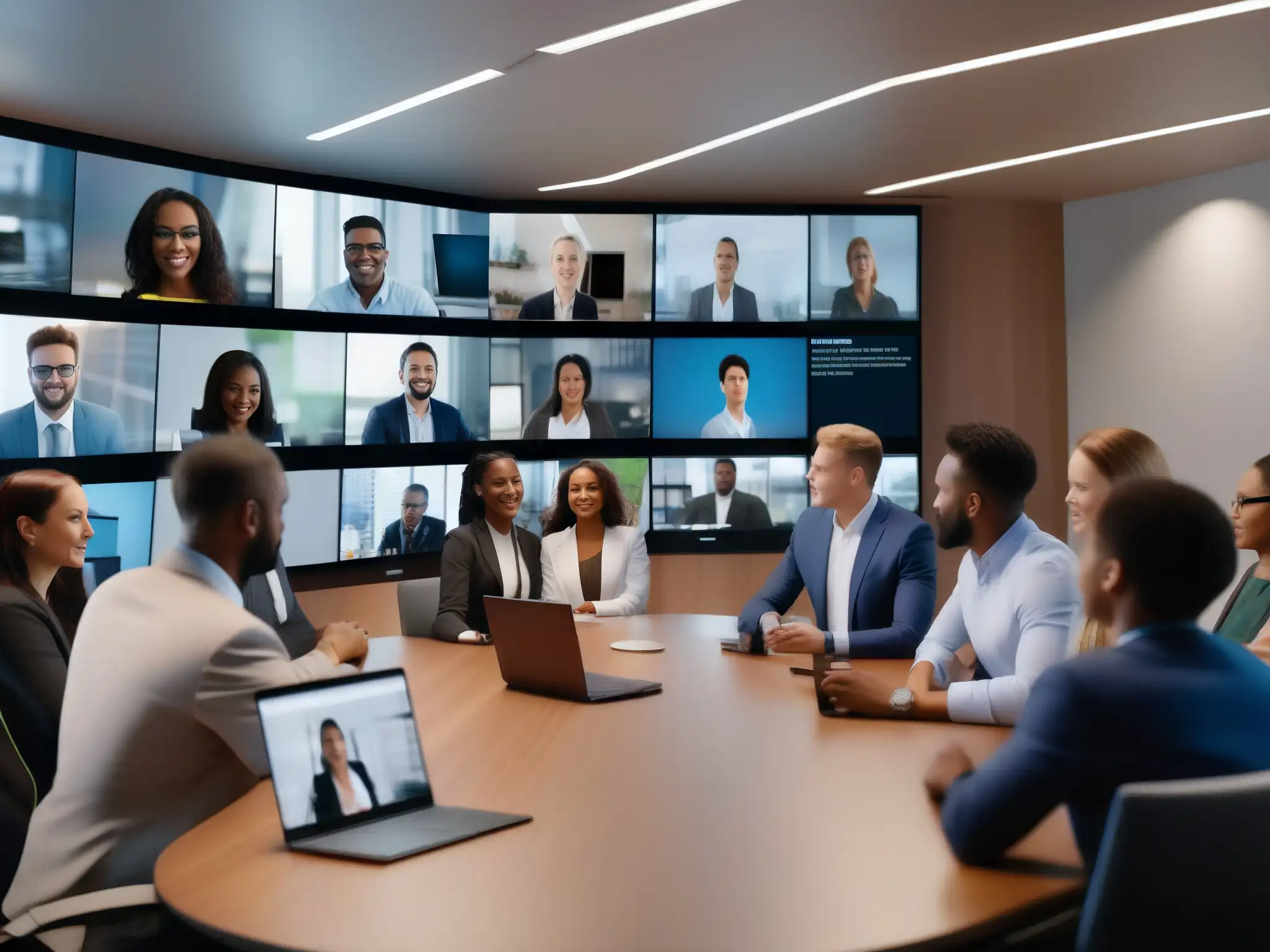 Videoconferencia segura con profesionales y estudiantes en 8K Un grupo diverso participa en una videoconferencia segura y moderna