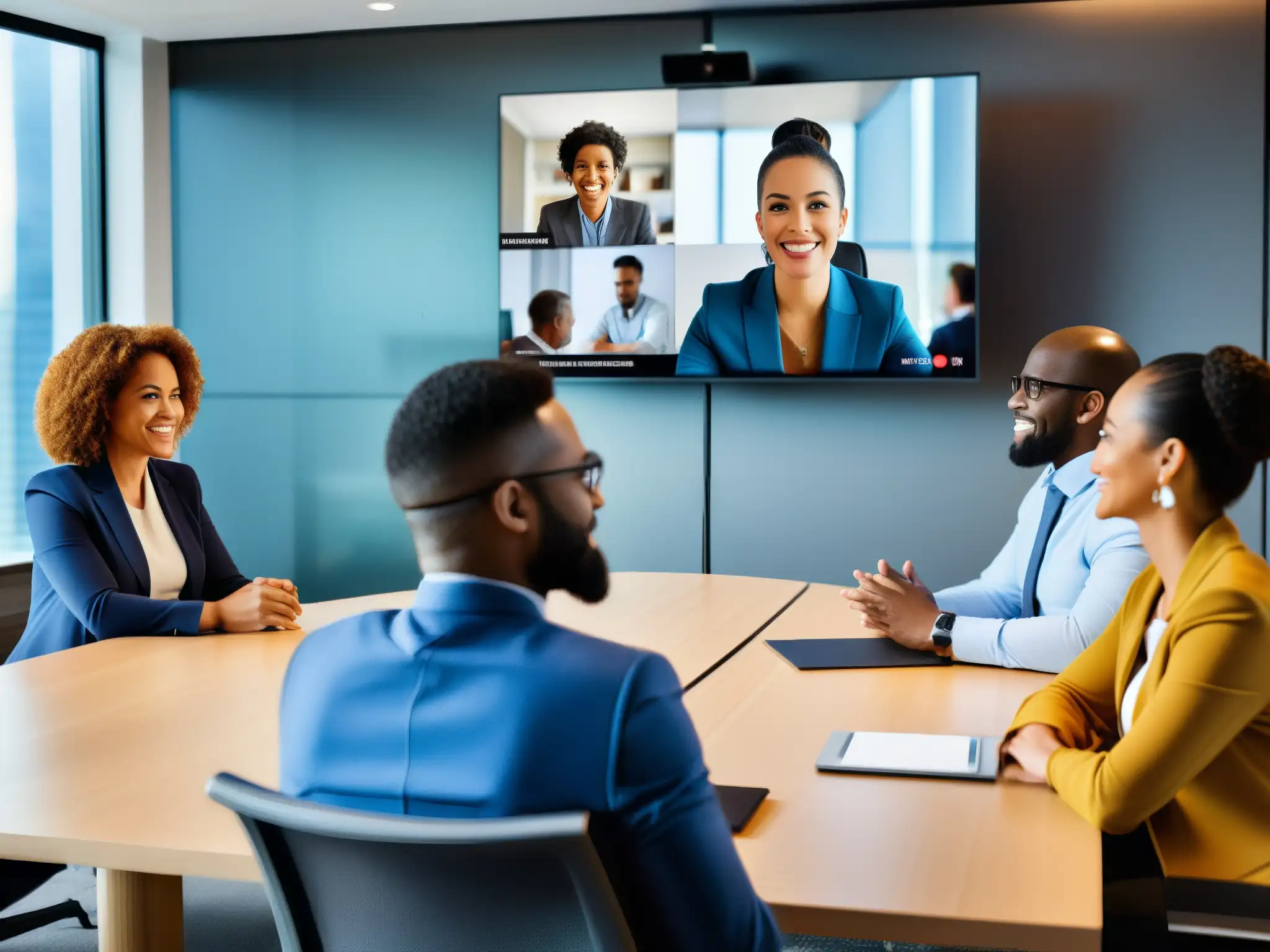 Conferencia virtual dinámica y diversa en sala moderna Un grupo diverso participa en una videoconferencia con técnicas efectivas para videoconferencias