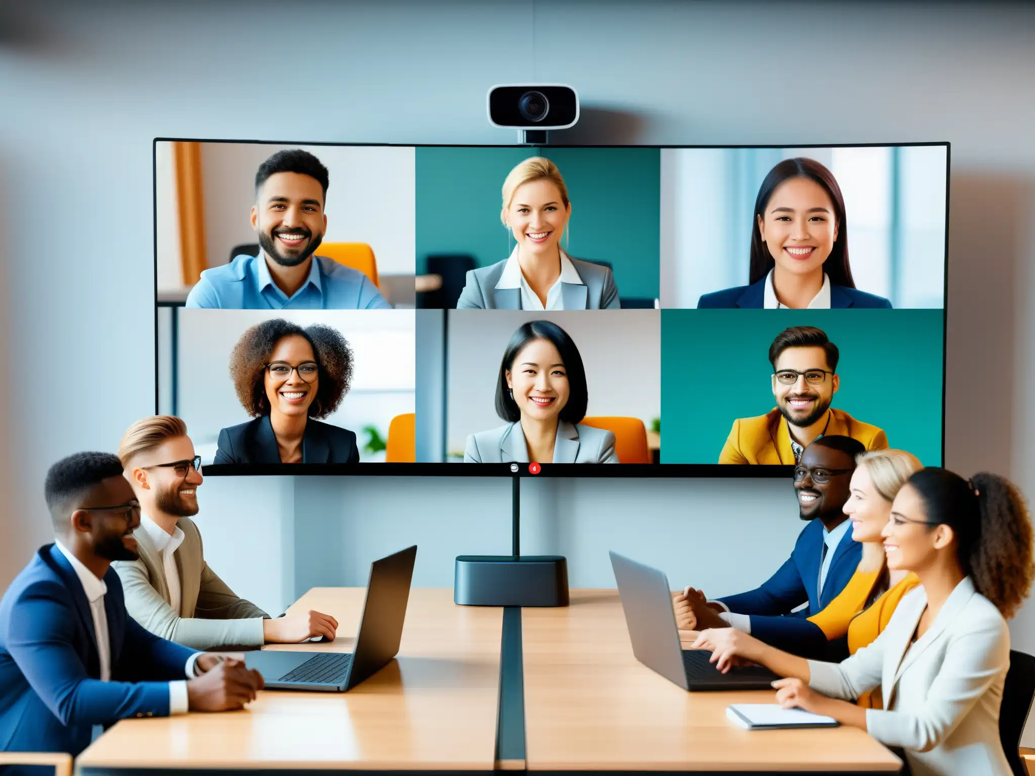 Conferencia virtual con IA: participación activa y diversidad Un grupo diverso participa activamente en una videoconferencia, con tecnología de IA mejorando la usabilidad de la plataforma