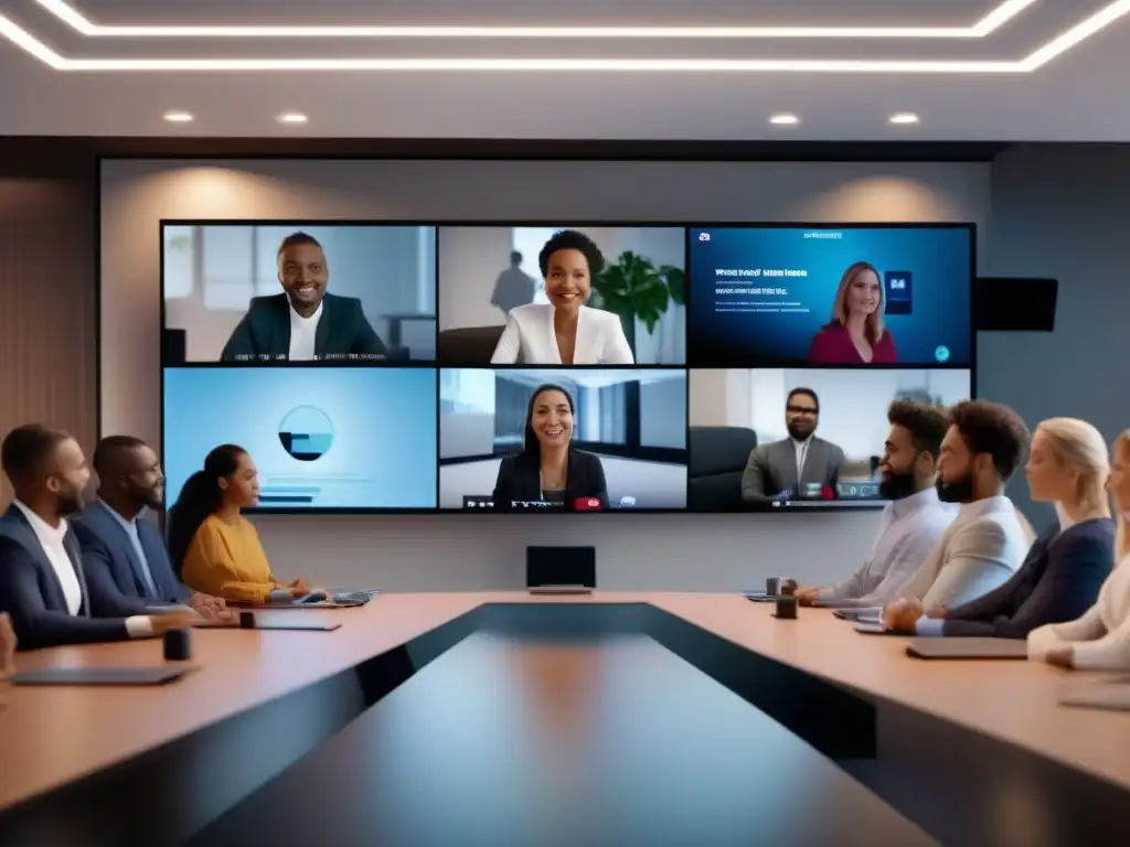 Videoconferencia 8k: Conexión y Colaboración en Pantalla Grupo diverso en videoconferencia ultradetallada de 8k, conectados y enfocados en la discusión