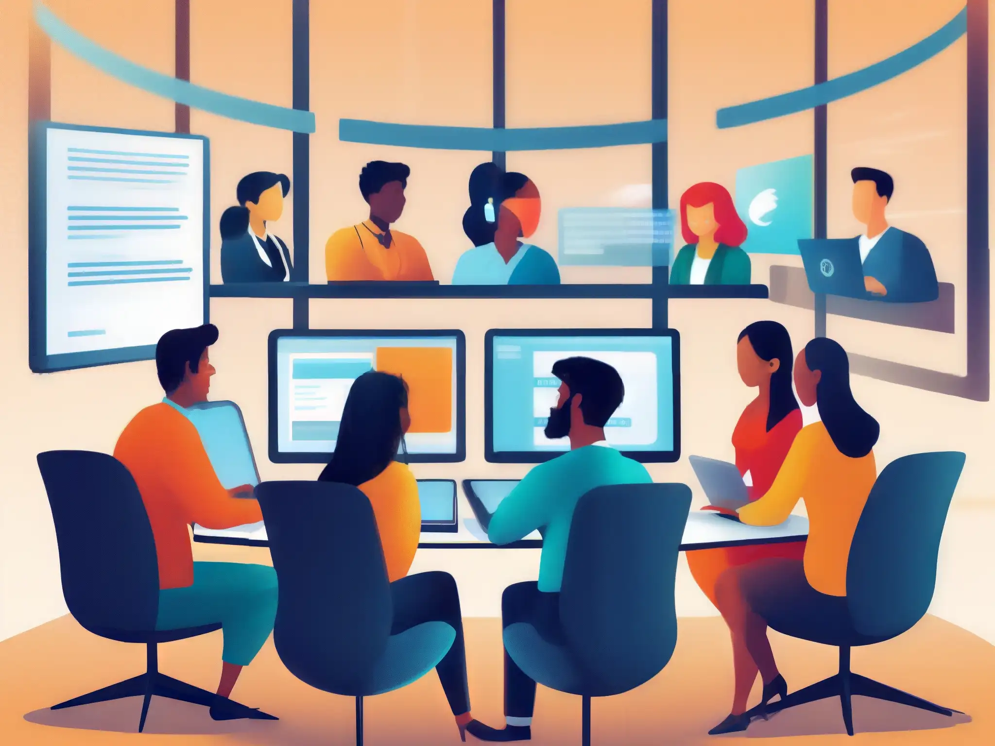 Sala de videoconferencia virtual: diversidad y tecnología Un grupo diverso participa en una videoconferencia virtual en una sala moderna, destacando las brechas de seguridad en videoconferencias