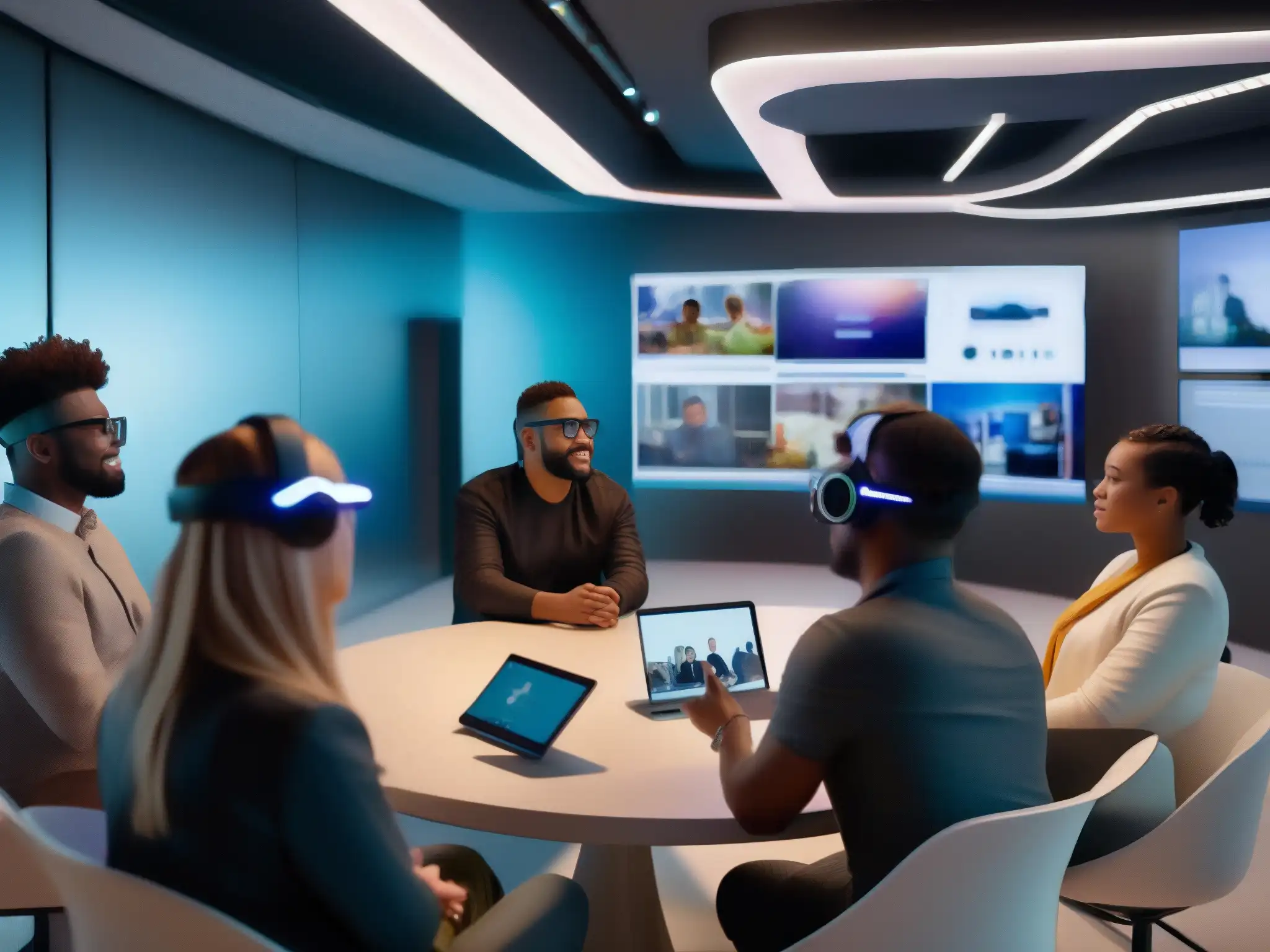 Conferencia de Realidad Aumentada: Inclusiva y Futurista Grupo diverso en videoconferencias inclusivas en Realidad Aumentada, rodeados de objetos 3D y pantallas interactivas en un espacio futurista y accesible