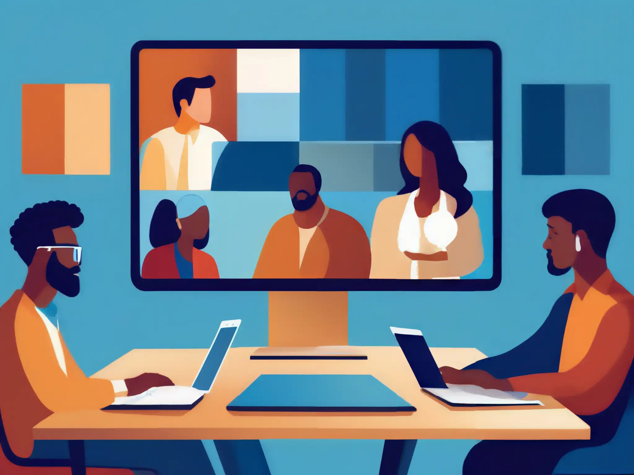 Conferencias de video: diversidad y emoción en colores Grupo diverso en videoconferencias, rodeados de paletas de colores que representan distintos ambientes