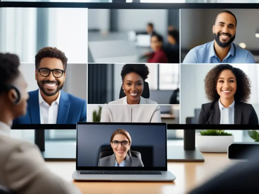 Reunión virtual enfocada: tecnología de vanguardia para comunicación fluida Un grupo enfocado en una reunión virtual de Google Meet, con tecnología moderna para reducir la latencia en videoconferencia