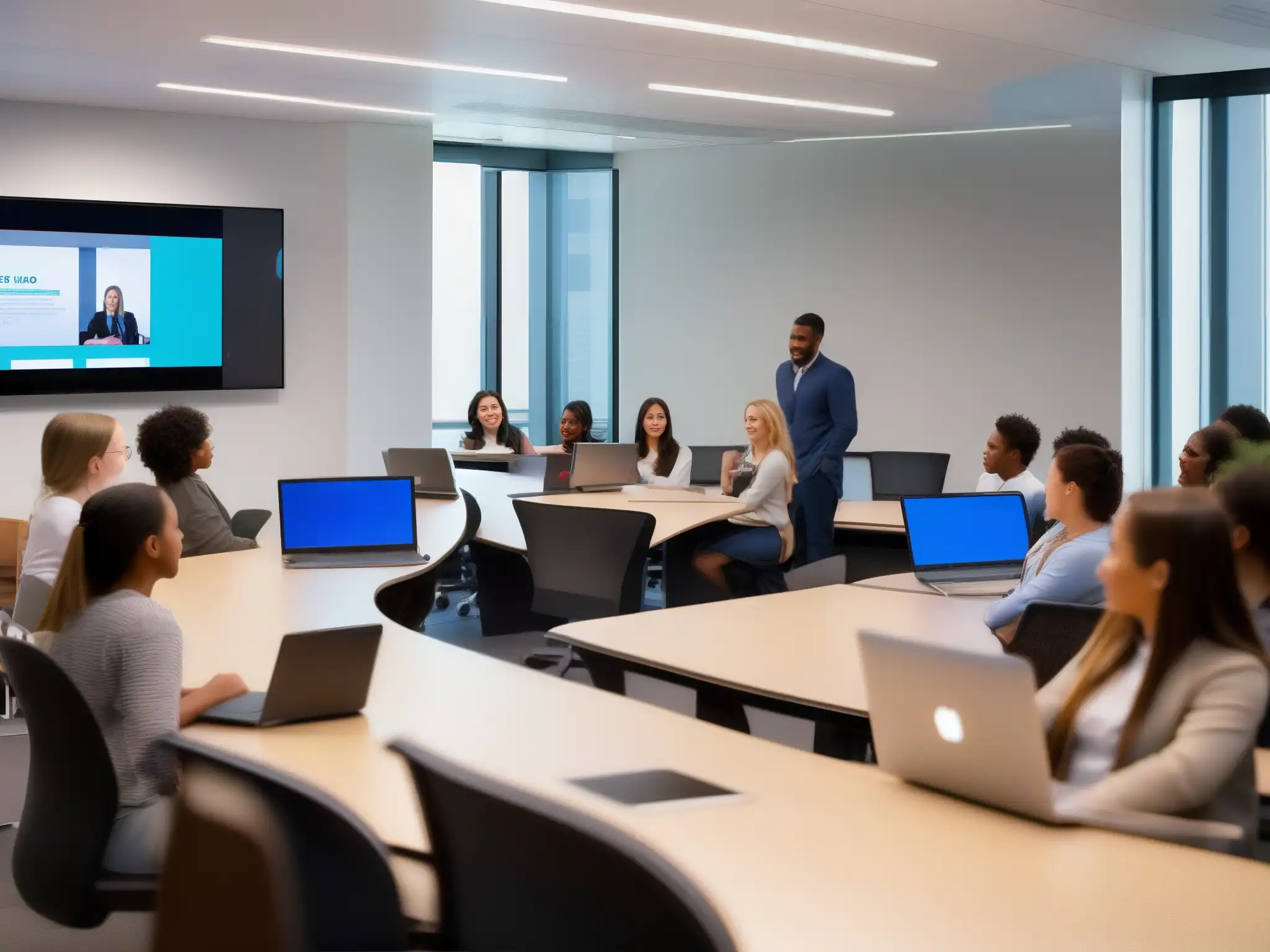 Clase virtual dinámica con estudiantes y maestros en videoconferencia Grupo escolar inmerso en una experiencia de aprendizaje virtual con plataformas de videoconferencia escalables colegios