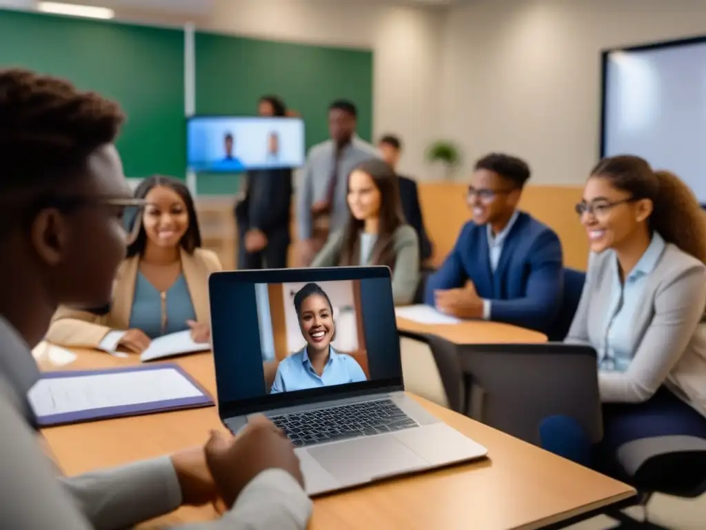 Videoconferencia escolar: participación activa y profesional Un grupo de estudiantes y un profesor participando en una videoconferencia, siguiendo protocolos seguridad videoconferencias sector educativo