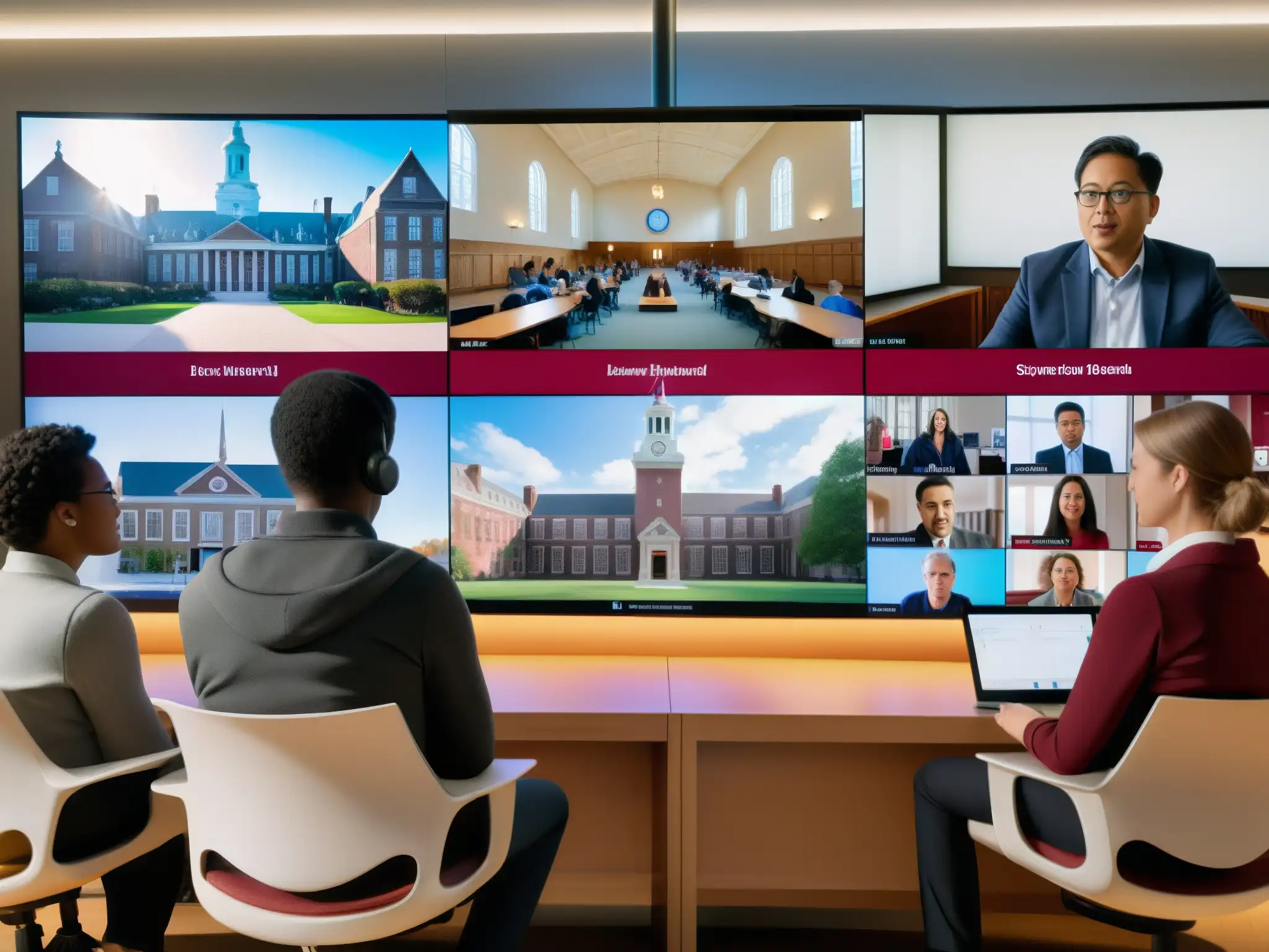 Videoconferencia académica en Harvard: Expertos comprometidos Grupo de estudiantes y profesores en videoconferencia segura, con ambiente académico y prestigioso de Harvard University en pantalla